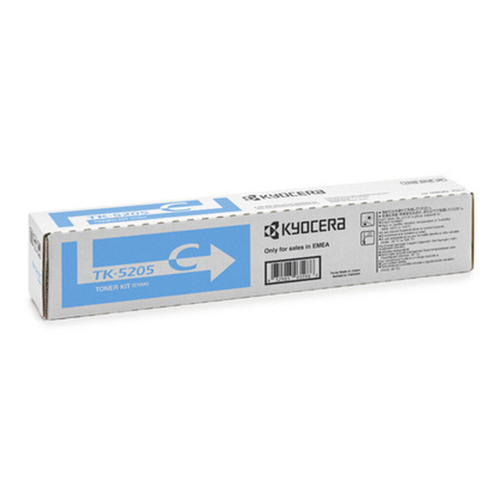 Kyocera TK-5205 cyaan toner kit doos met pijl en logo.