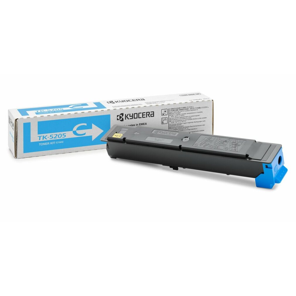 Kyocera TK-5205 Tonercartridge (Cyaan) en doos op witte achtergrond.
