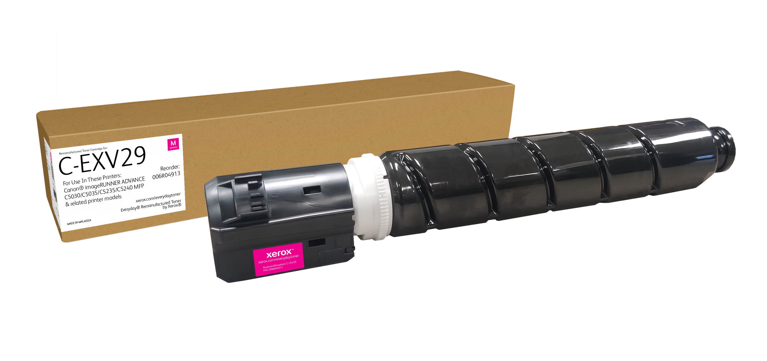 Una cartuccia toner Xerox magenta accanto alla sua scatola marrone.