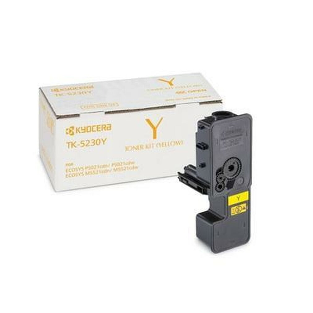 Eine Kyocera TK-5230Y gelbe Tonerkartuschenbox und eine gelbe Tonerkartusche.