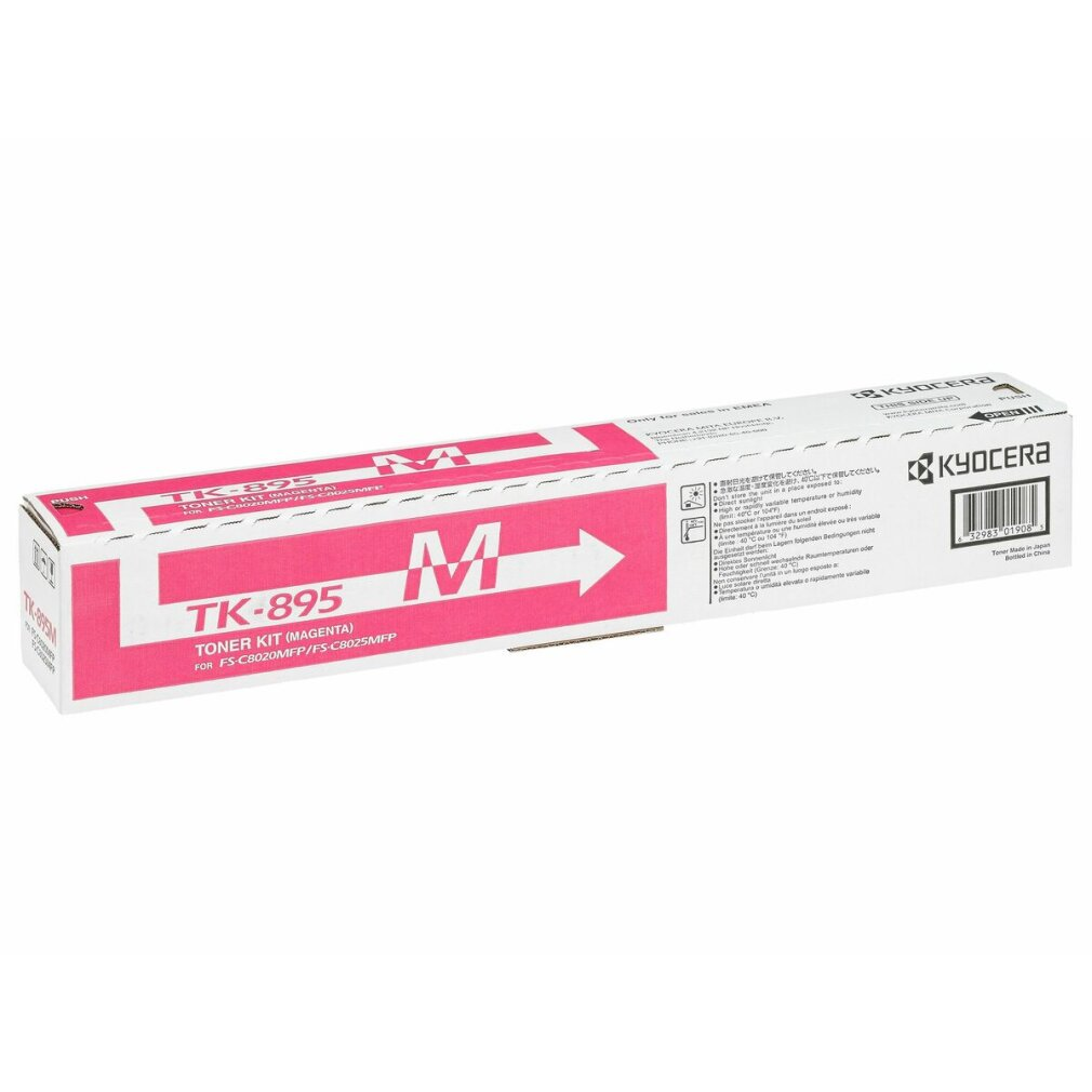 Een magenta Kyocera TK-895 tonerkit doos met "TK-895" en "M" merktekens.