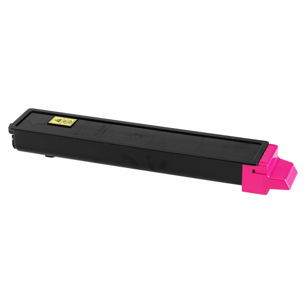 Zwarte toner cartridge met roze uiteinde en gele symbolen.