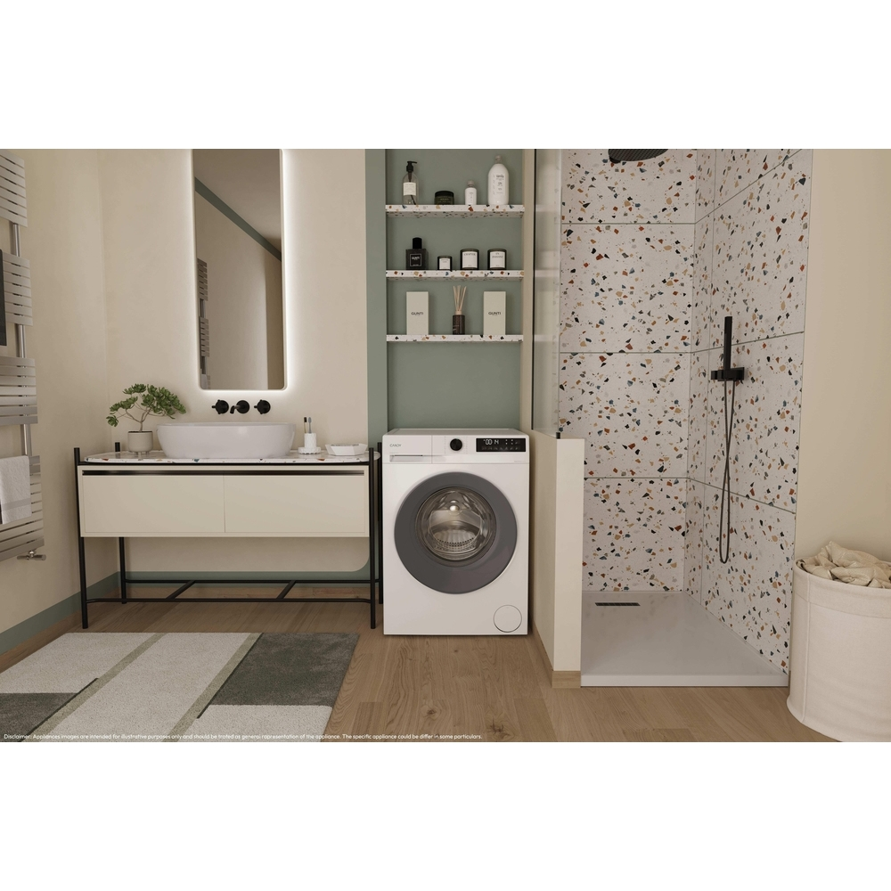 Bagno moderno con lavatrice, lavandino, specchio e doccia con piastrelle in terrazzo.