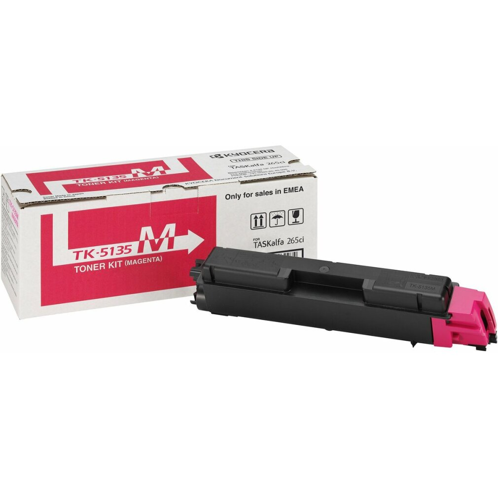 Kyocera TK-5135 Magenta Toner Kit verpakking en cartridge op witte achtergrond.