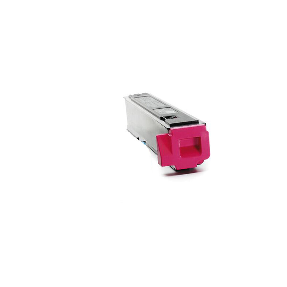 Een magenta toner cartridge met een zilveren behuizing en roze handvat.