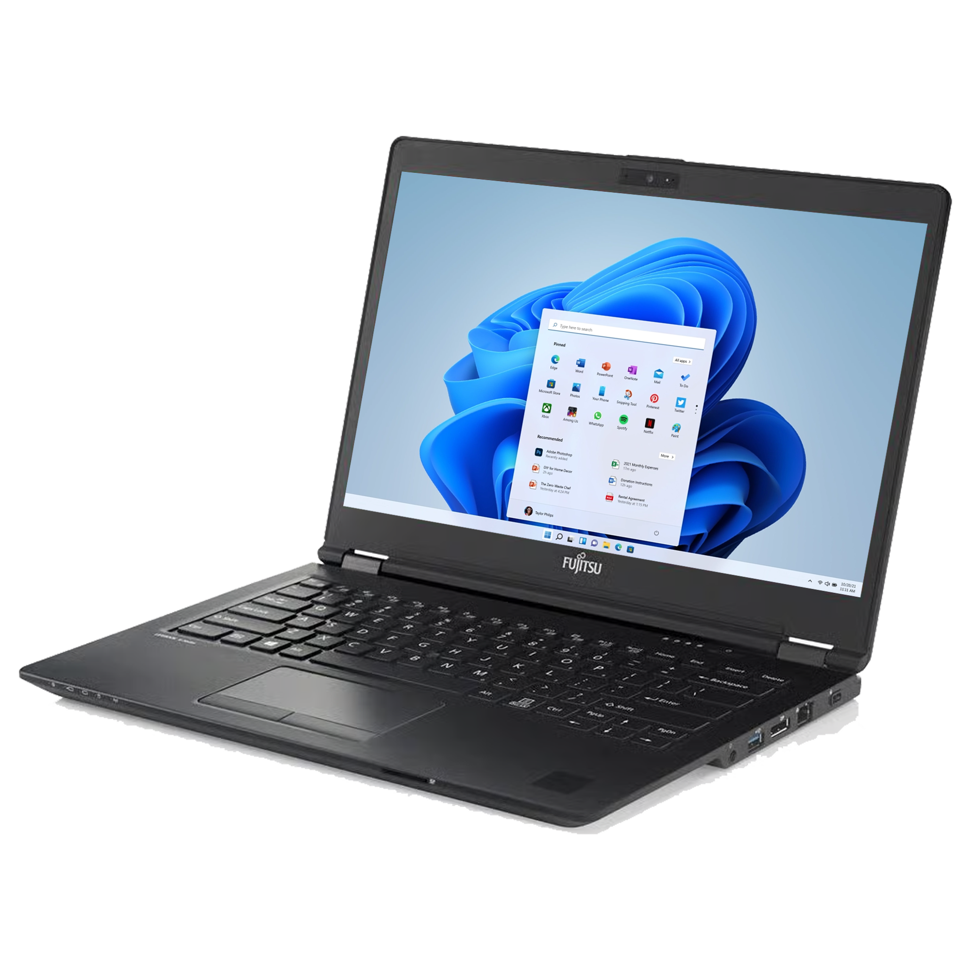 Ein schwarzer Fujitsu Laptop mit geöffnetem Bildschirm, der Windows 11 zeigt.