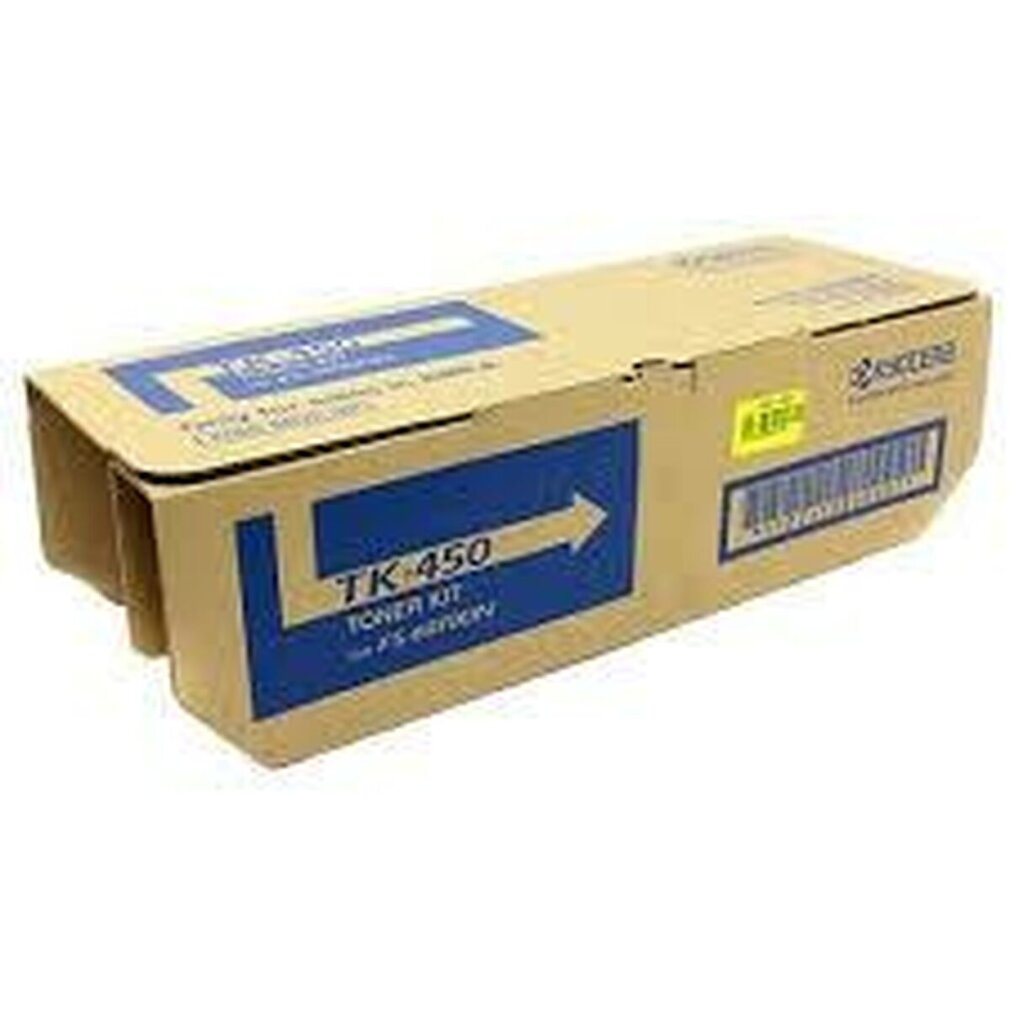 Scatola di cartone marrone per toner TK 450 con etichette blu.
