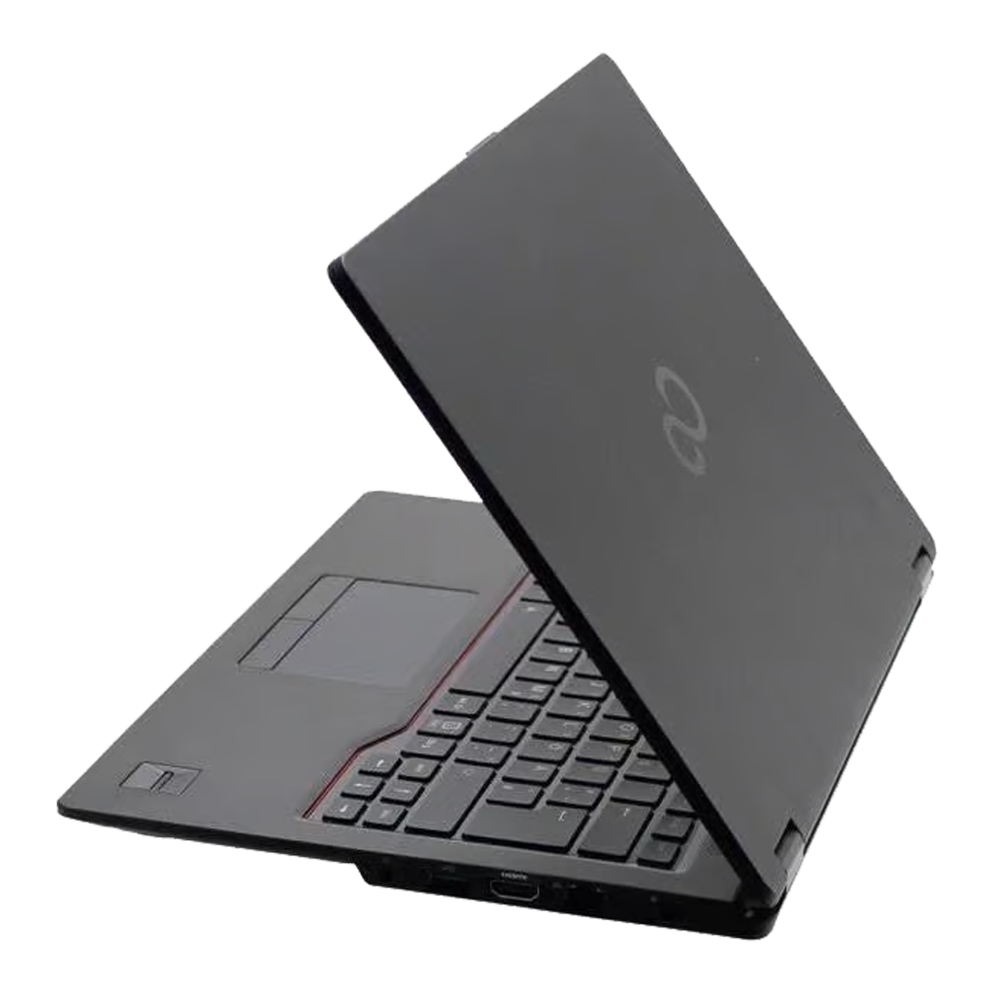 Ein schwarzer Laptop mit beleuchteter Tastatur und einem Fujitsu-Logo.