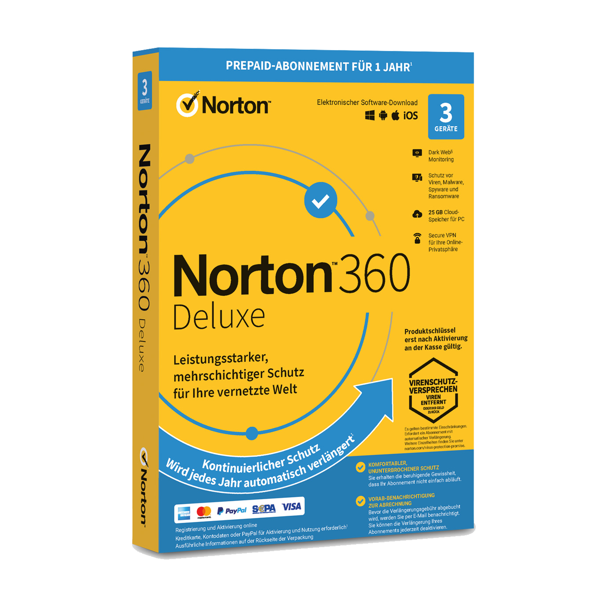 Norton 360 Deluxe Software-Box mit 3 Geräten, 1 Jahr Prepaid. Schutz vor Viren, VPN, Cloud-Speicher.