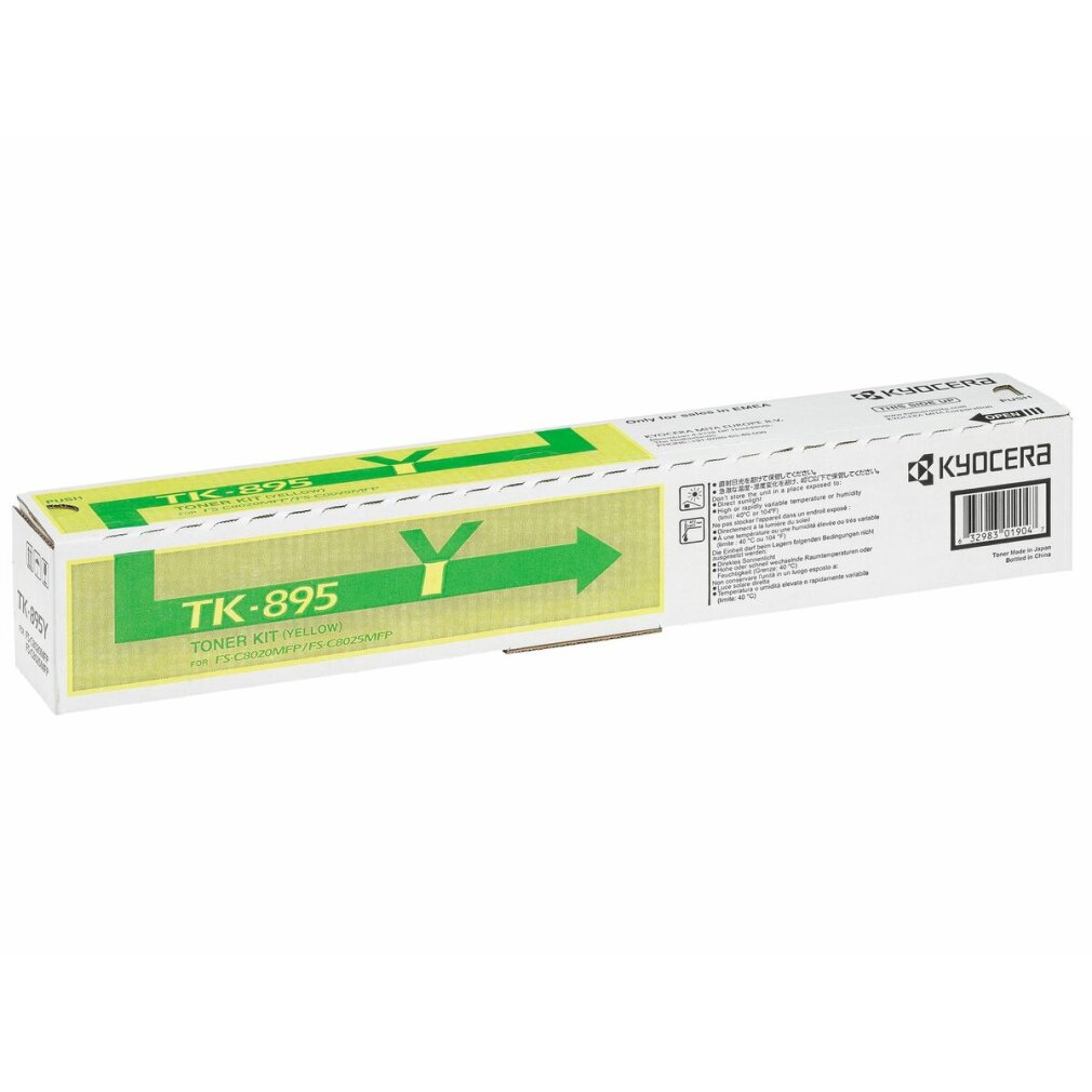Kyocera TK-895 gelber Toner-Kit-Verpackung mit Pfeil und Anweisungen.