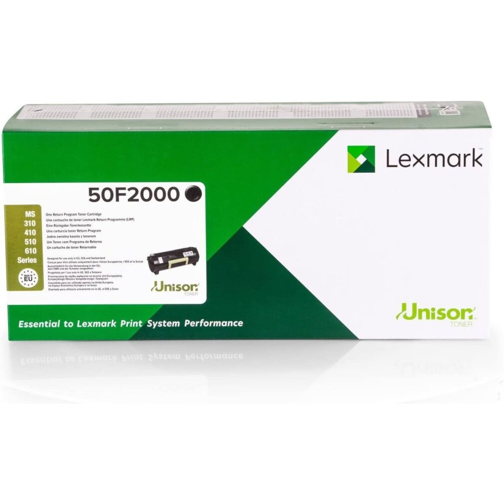 Toner Lexmark 50F2000 na białym tle z logo Lexmark i Unisor.