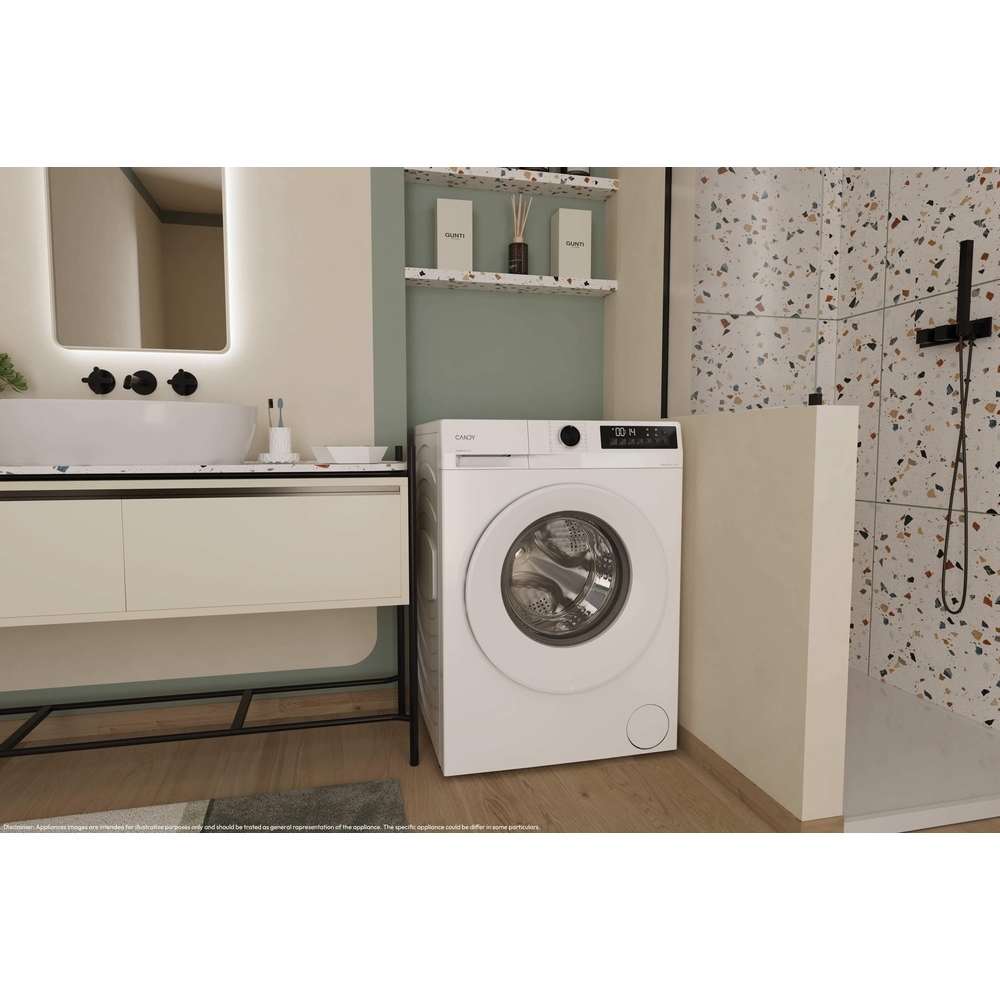 Una lavatrice bianca si trova in un bagno moderno accanto a un lavandino.