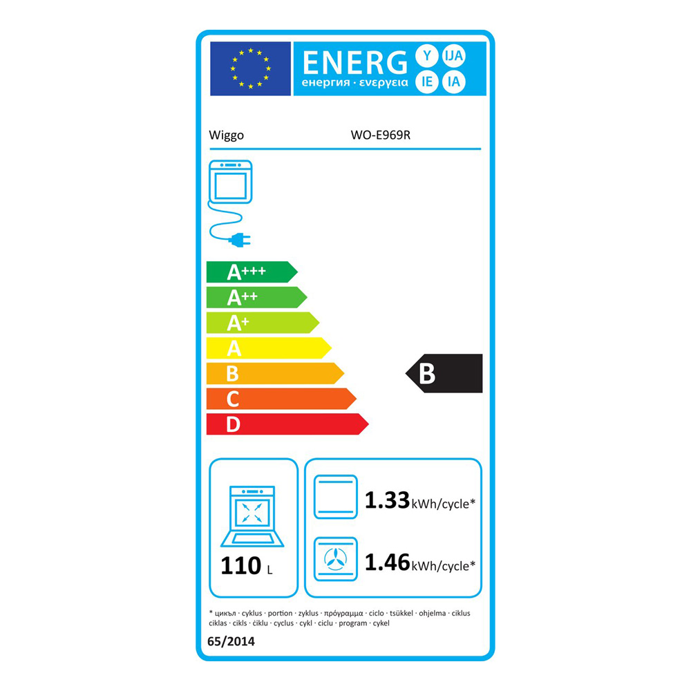 Energie label Wiggo WO-E969R: Efficiëntie B, 110L, 1.33 kWh/cyclus.