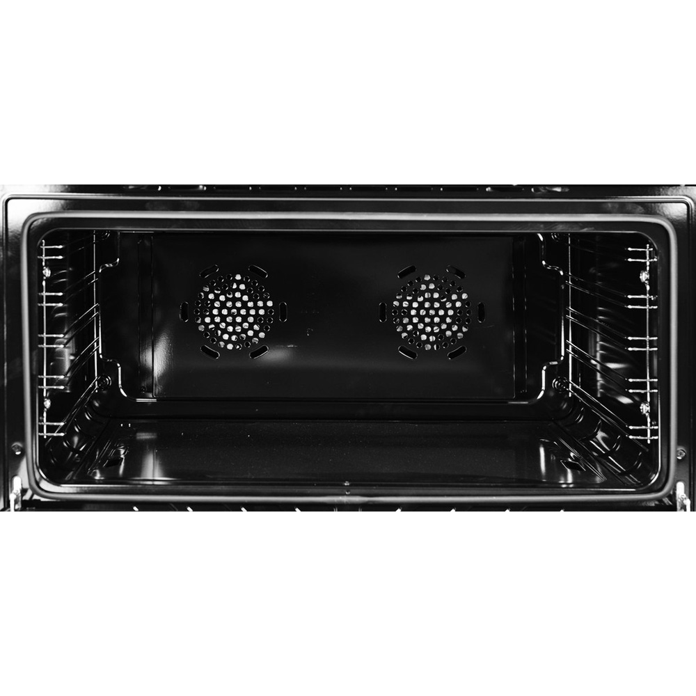 Interior of a clean oven with two fans and racks.