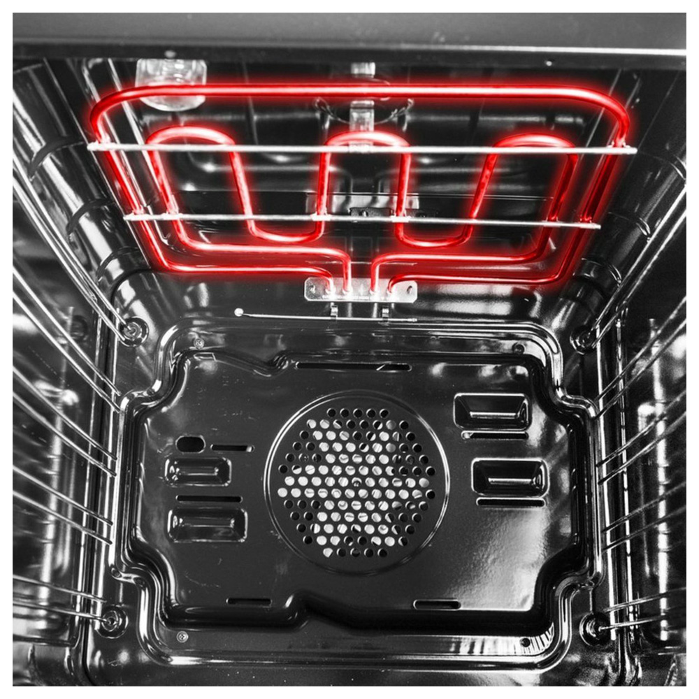 Een gloeiend rood verwarmingselement boven de ventilator in een oven.
