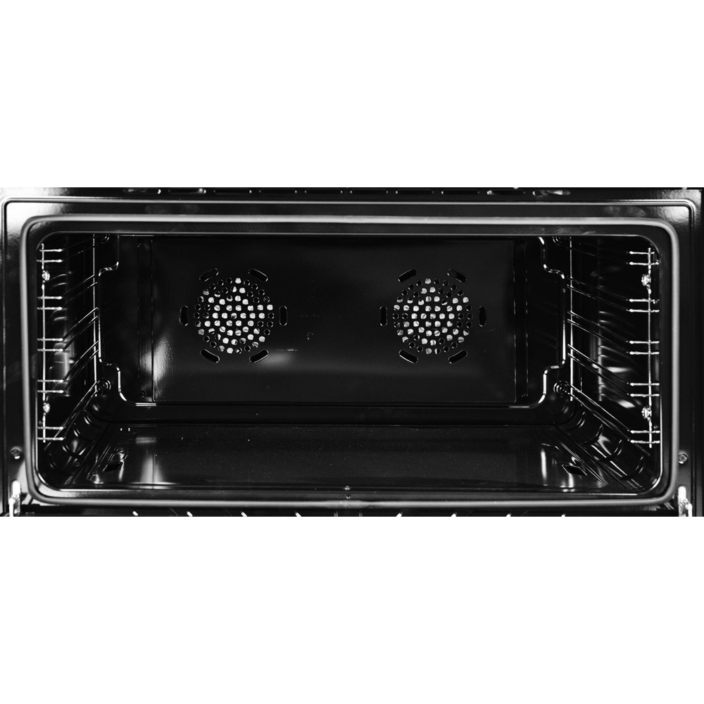 Interior of a black oven with two fans and metal racks.