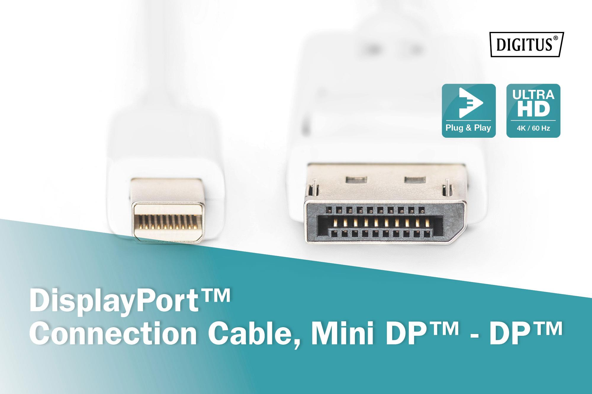 Kabel DisplayPort: Mini DP do DP, Ultra HD 4K/60Hz, Plug & Play.