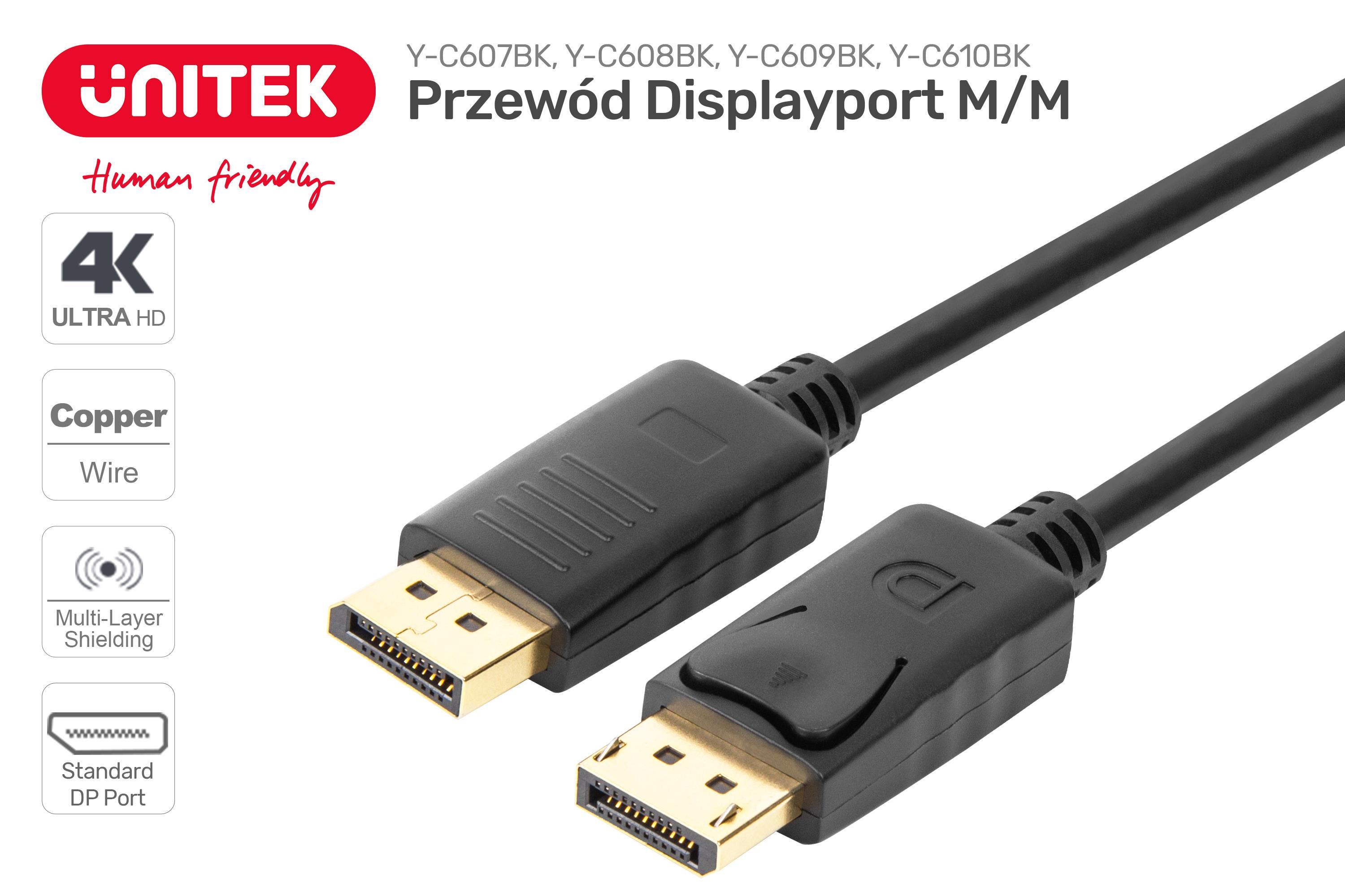 Dwa czarne kable Displayport ze złotymi złączami na białym tle.