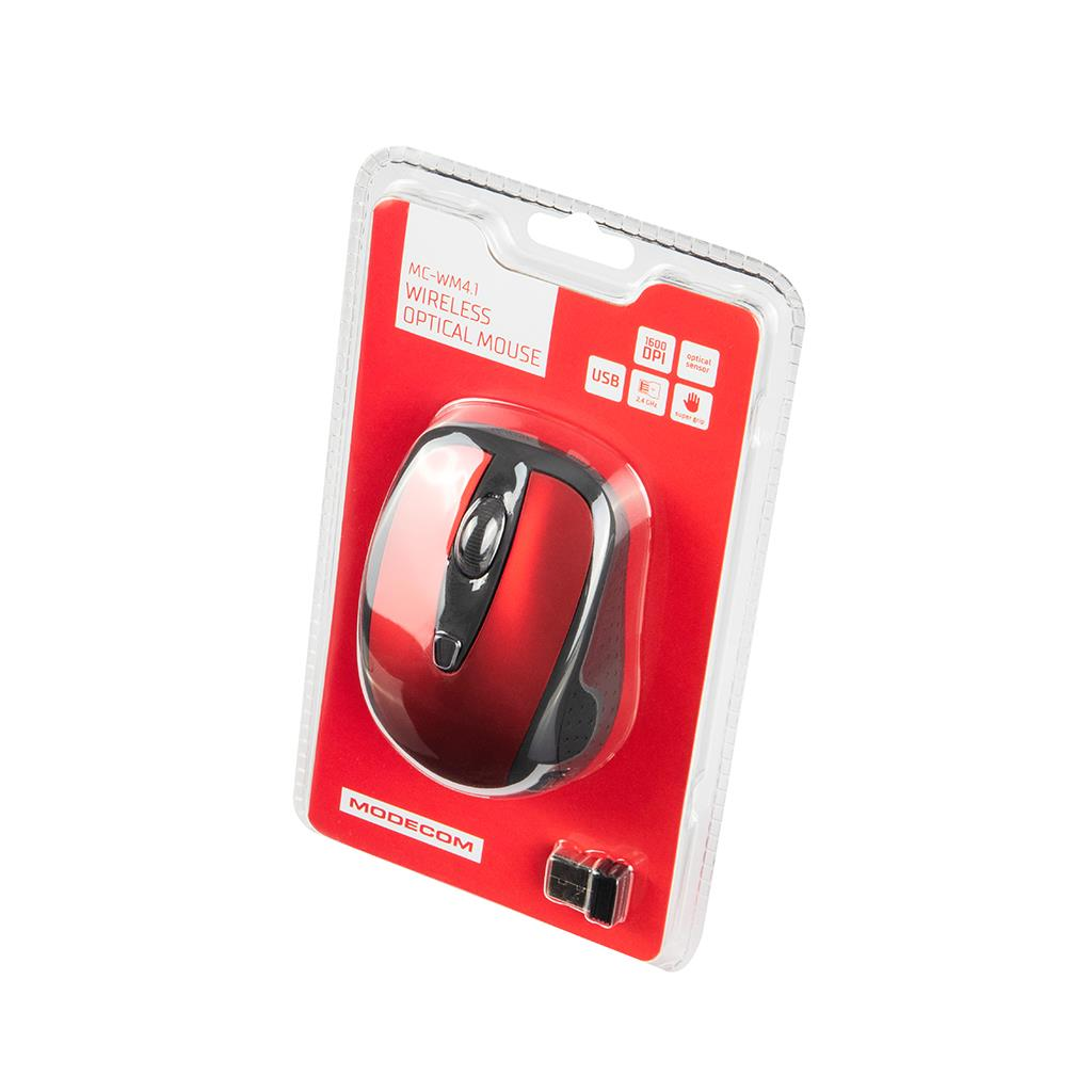 Czerwona bezprzewodowa mysz optyczna Modecom w opakowaniu z donglem USB.