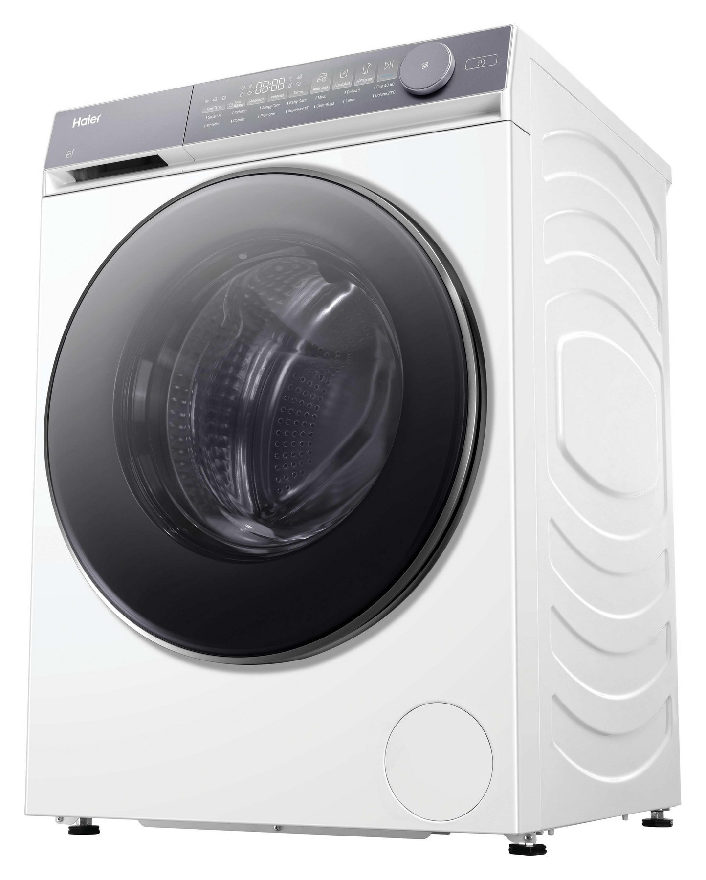 Una lavatrice Haier bianca con oblò nero e pannello comandi argentato.