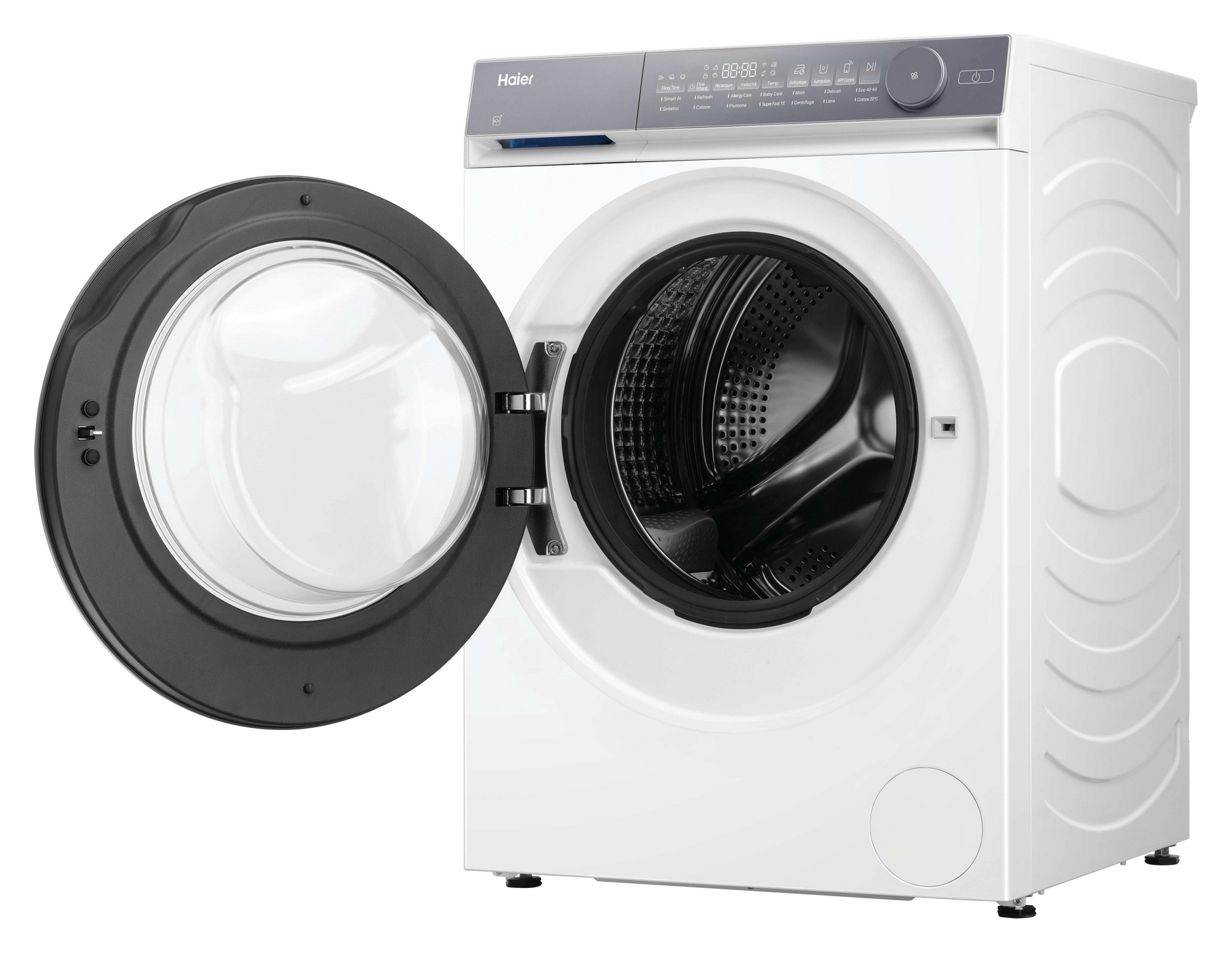 Una lavatrice Haier bianca con oblò aperto e display digitale.