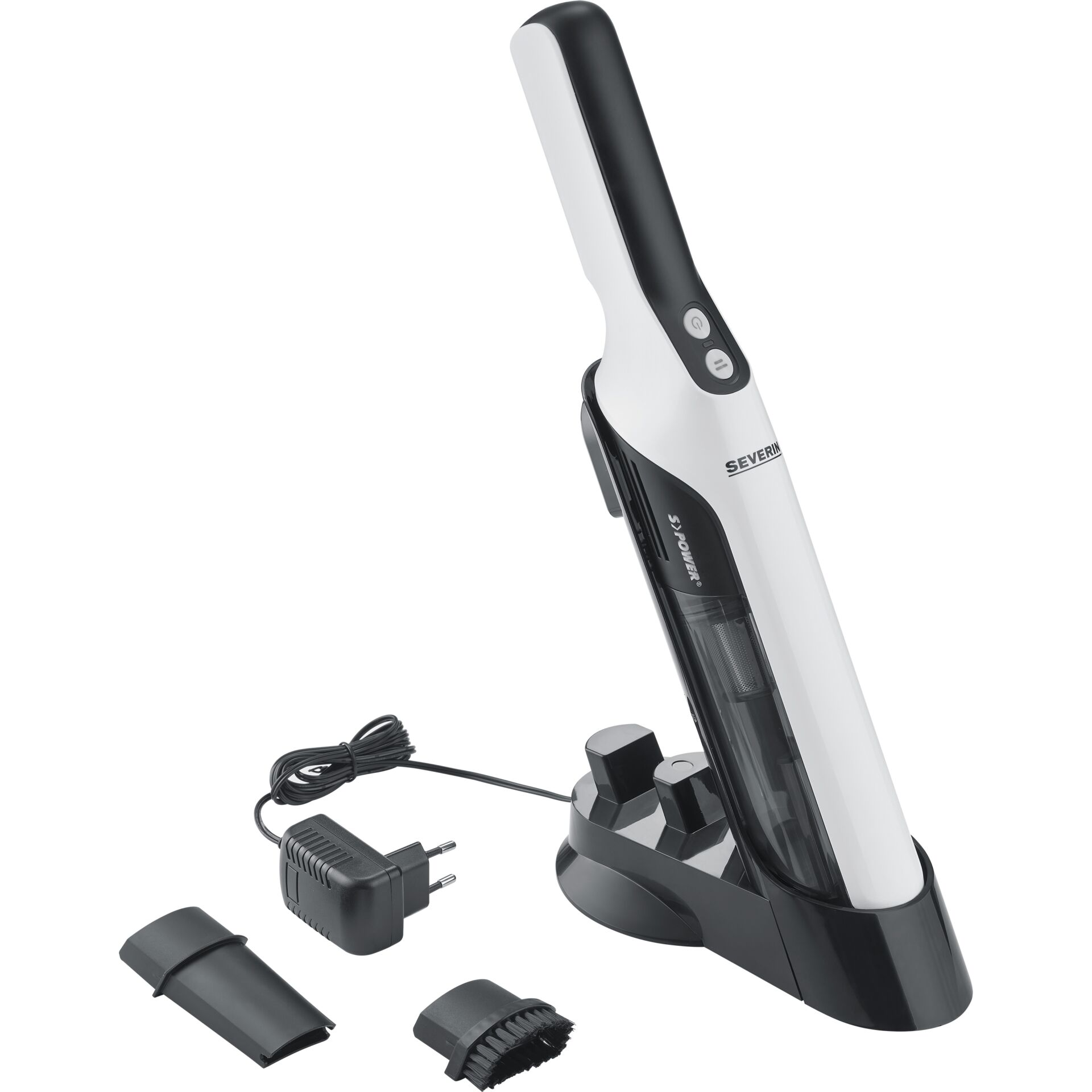 Biało-czarny odkurzacz ręczny ze stacją ładującą, zasilaczem i akcesoriami.