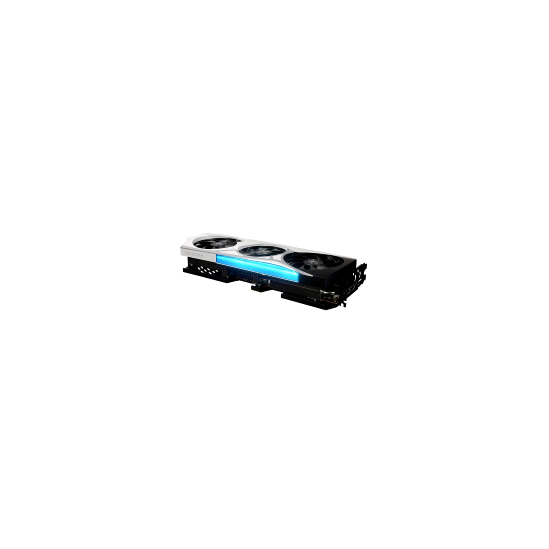 Ein weißes Computergrafikkarte mit drei Lüftern und blauer Beleuchtung.