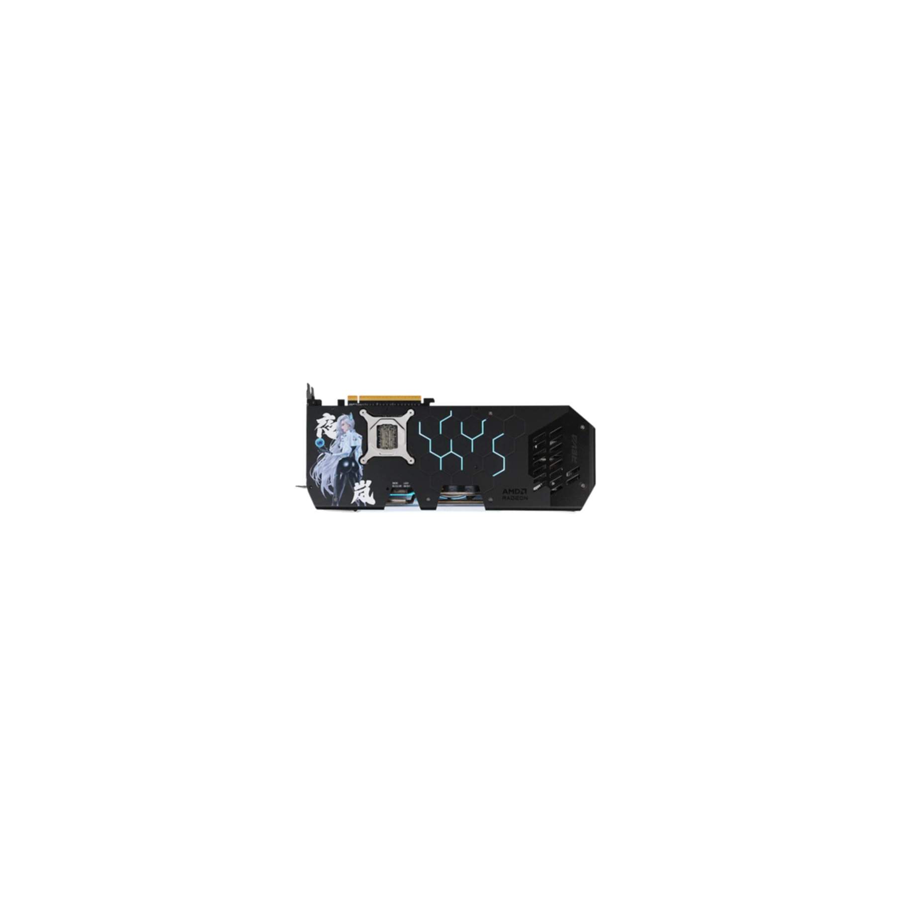 Schwarze Grafikkarte mit Anime-Figur und blauen Akzenten.