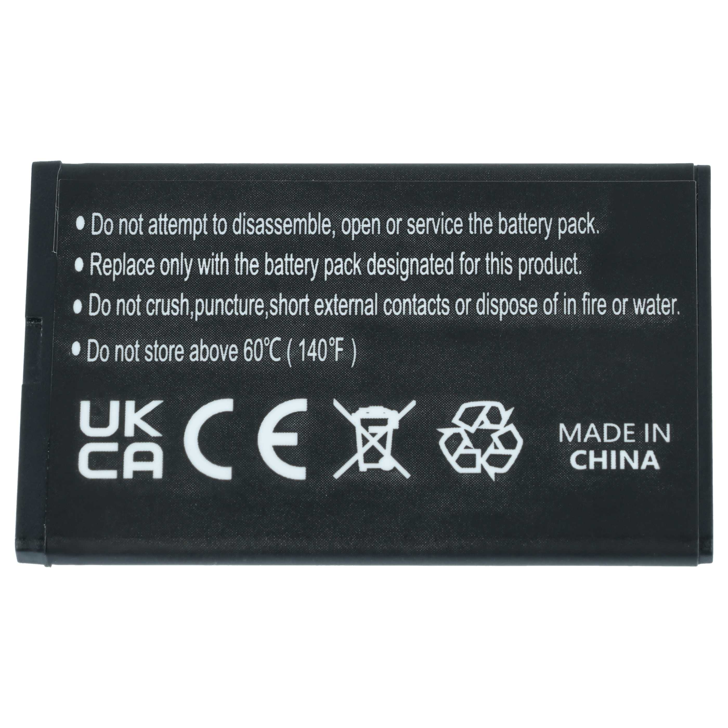 Schwarze Batterie mit weißem Text und Symbolen: UKCA, CE, Mülleimer mit X, Recycling-Symbol, Made in China.