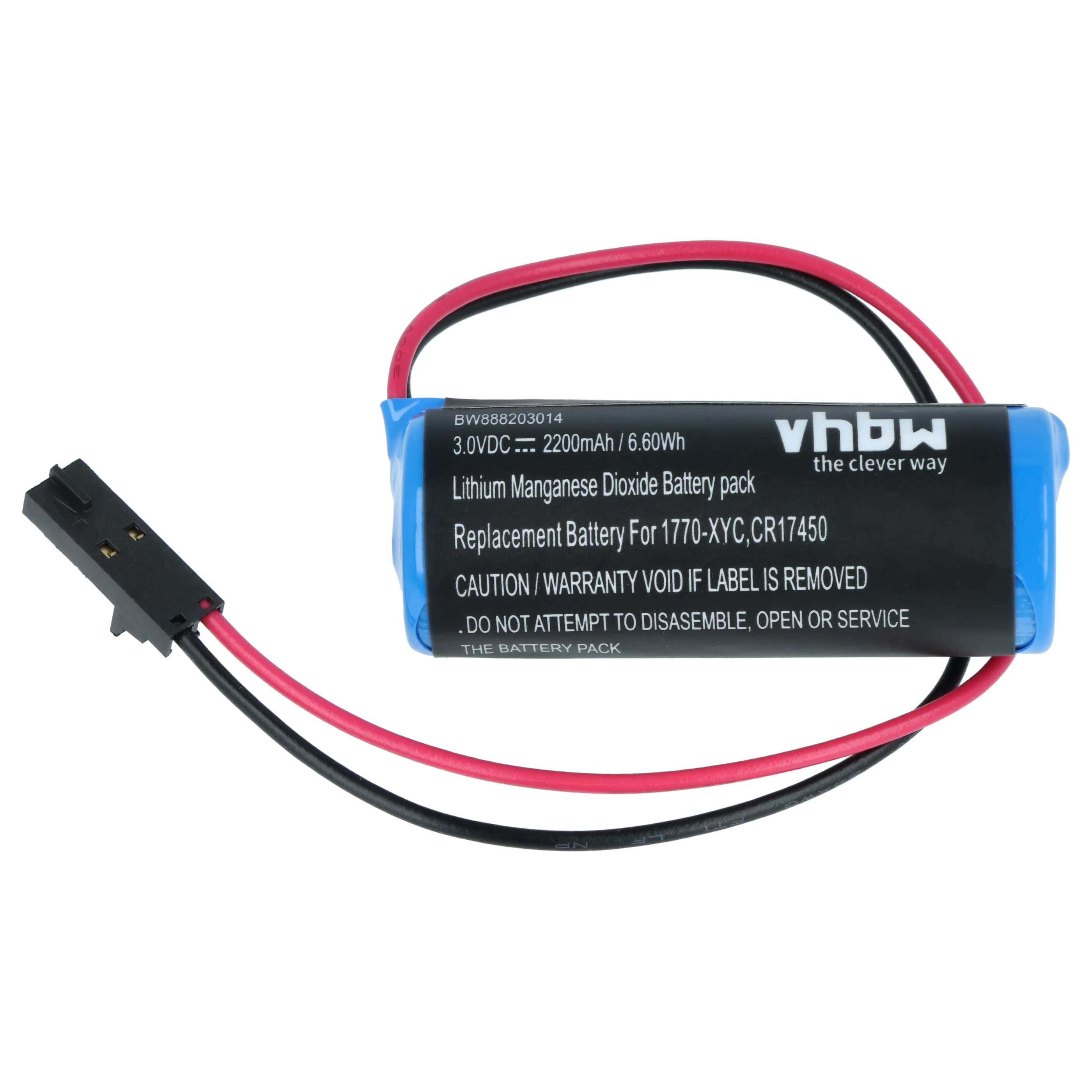 Ein blaues Lithium-Mangan-Dioxid-Akkupack mit schwarzem und rotem Kabel und Stecker.