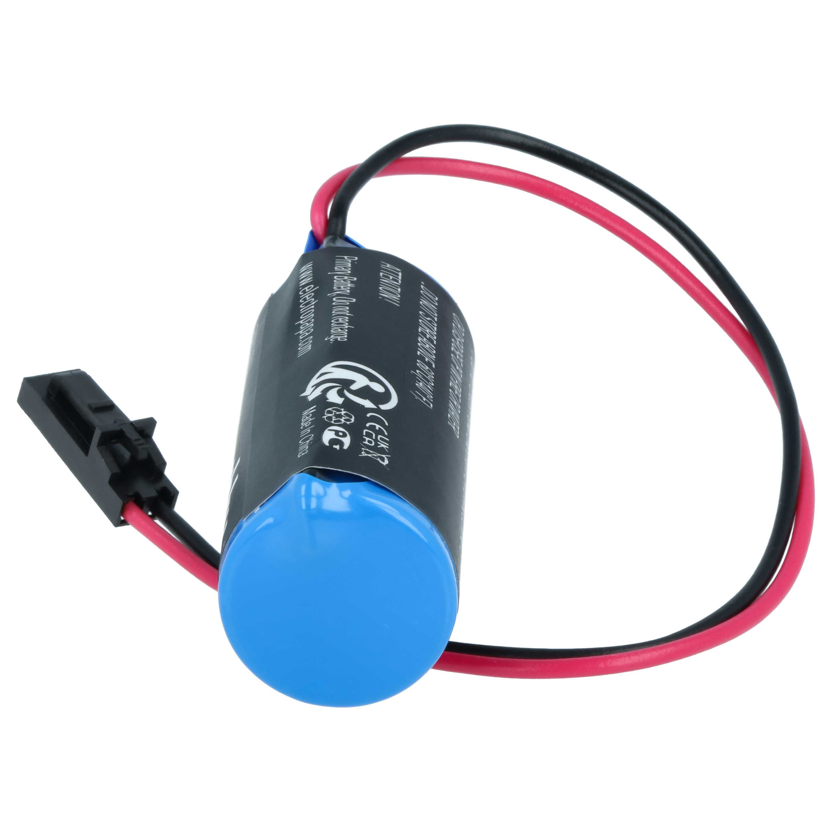 Eine blaue Batterie mit schwarzen und roten Kabeln und einem schwarzen Stecker.