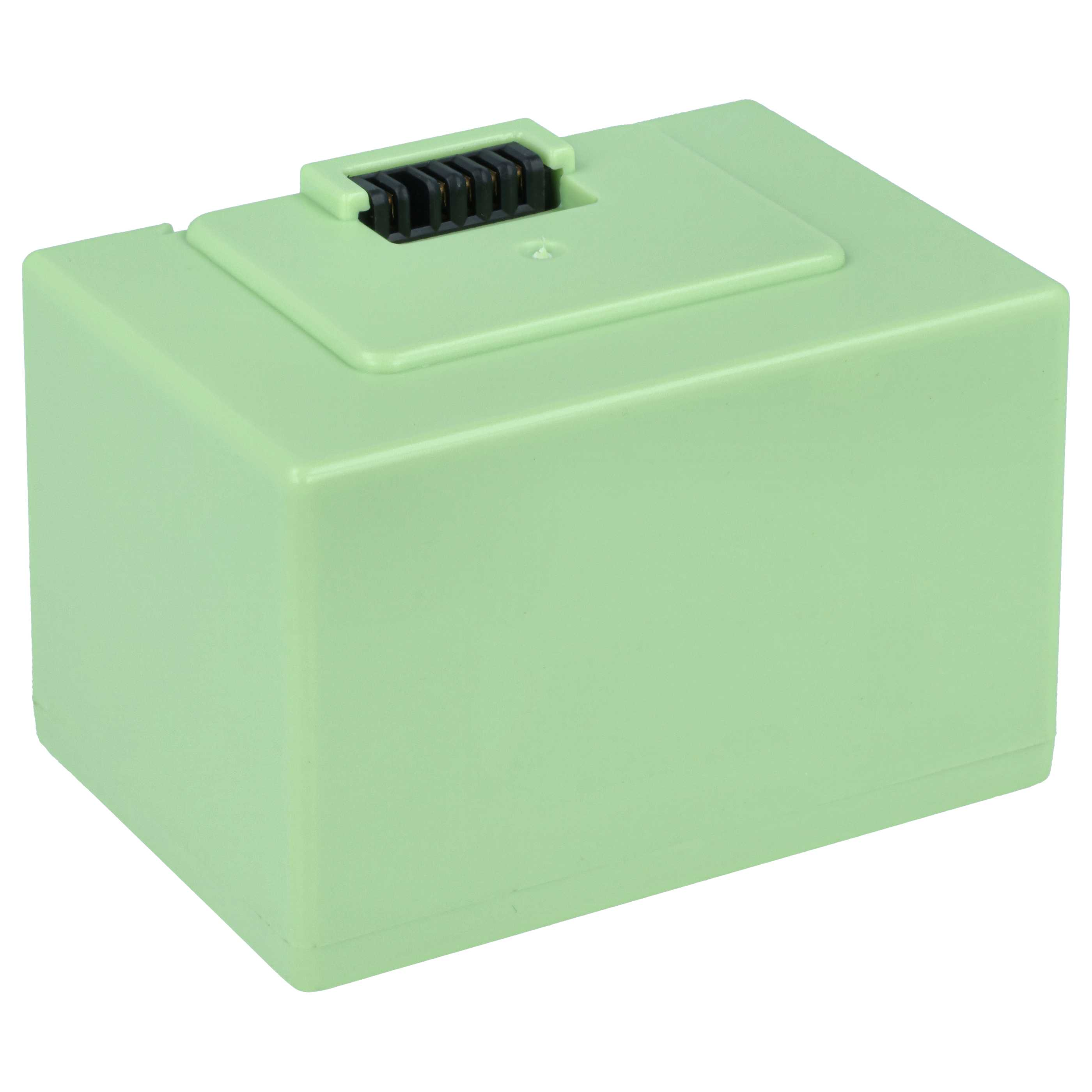Ein hellgrünes Batteriepack mit schwarzen Anschlüssen oben.