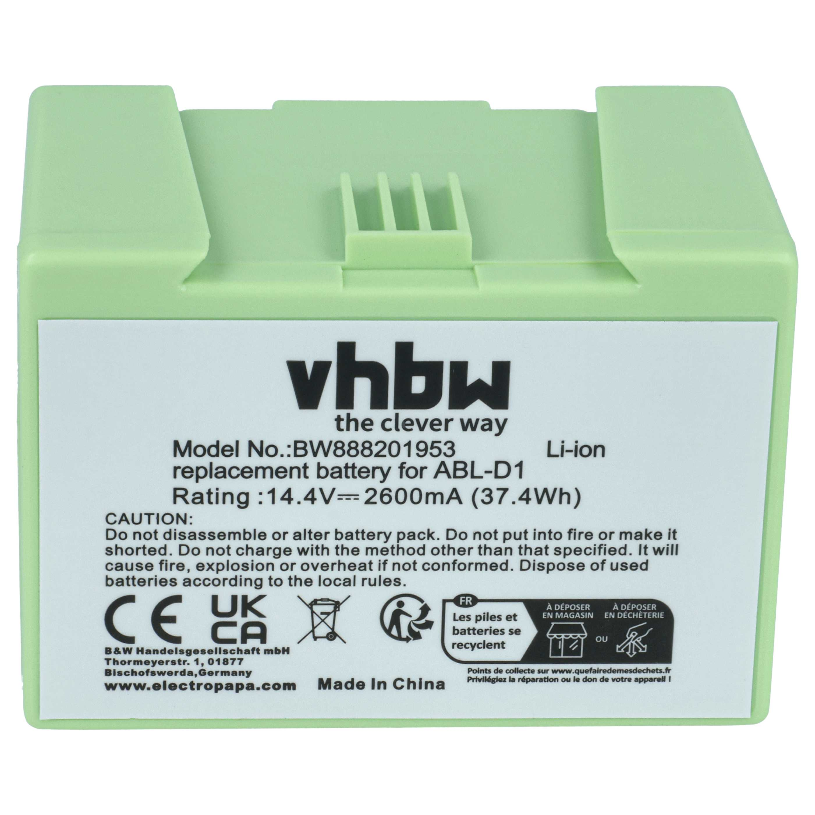 Grüner Li-Ion Akku mit Modellnummer BW888201953 und Herstellerangaben.