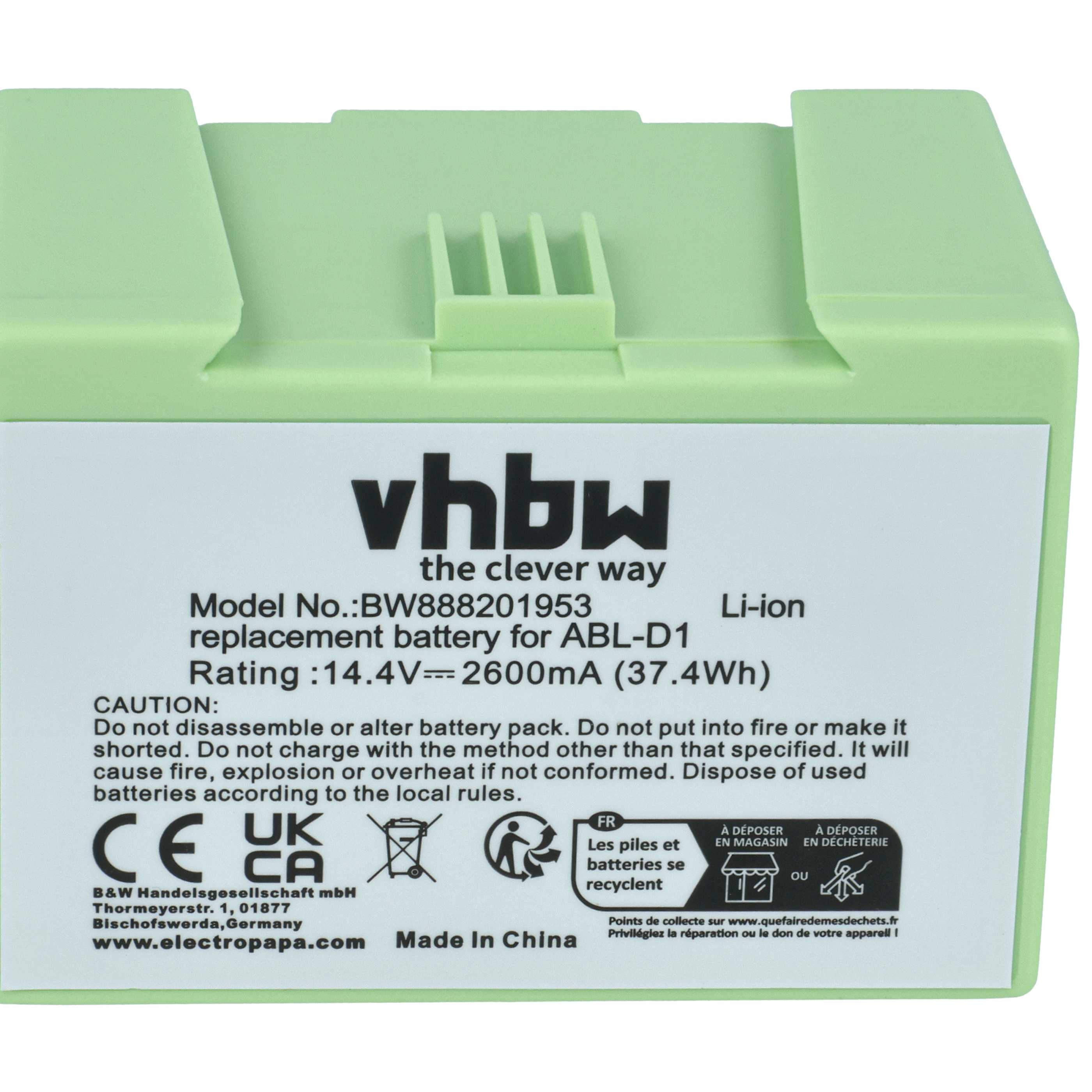 Grüne Batteriepack mit Modellnummer BW888201953, 14.4V, 2600mA.