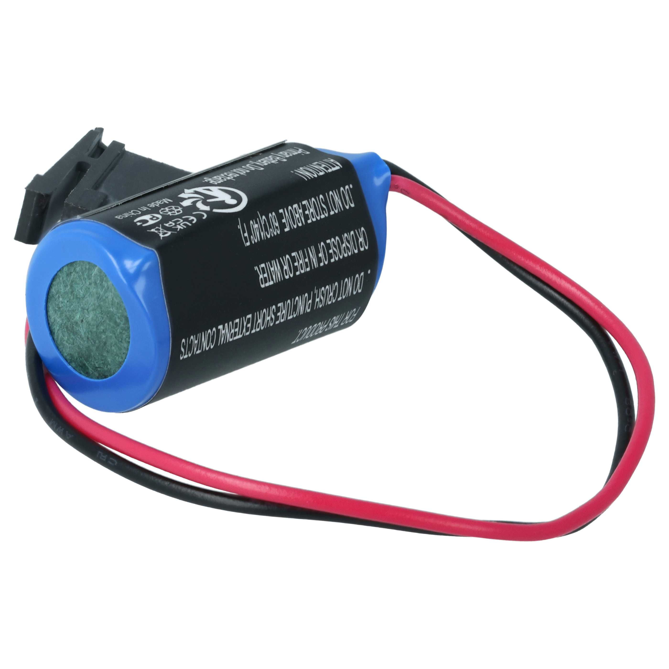 Eine schwarze Batterie mit blauen und roten Drähten und einem schwarzen Anschluss.