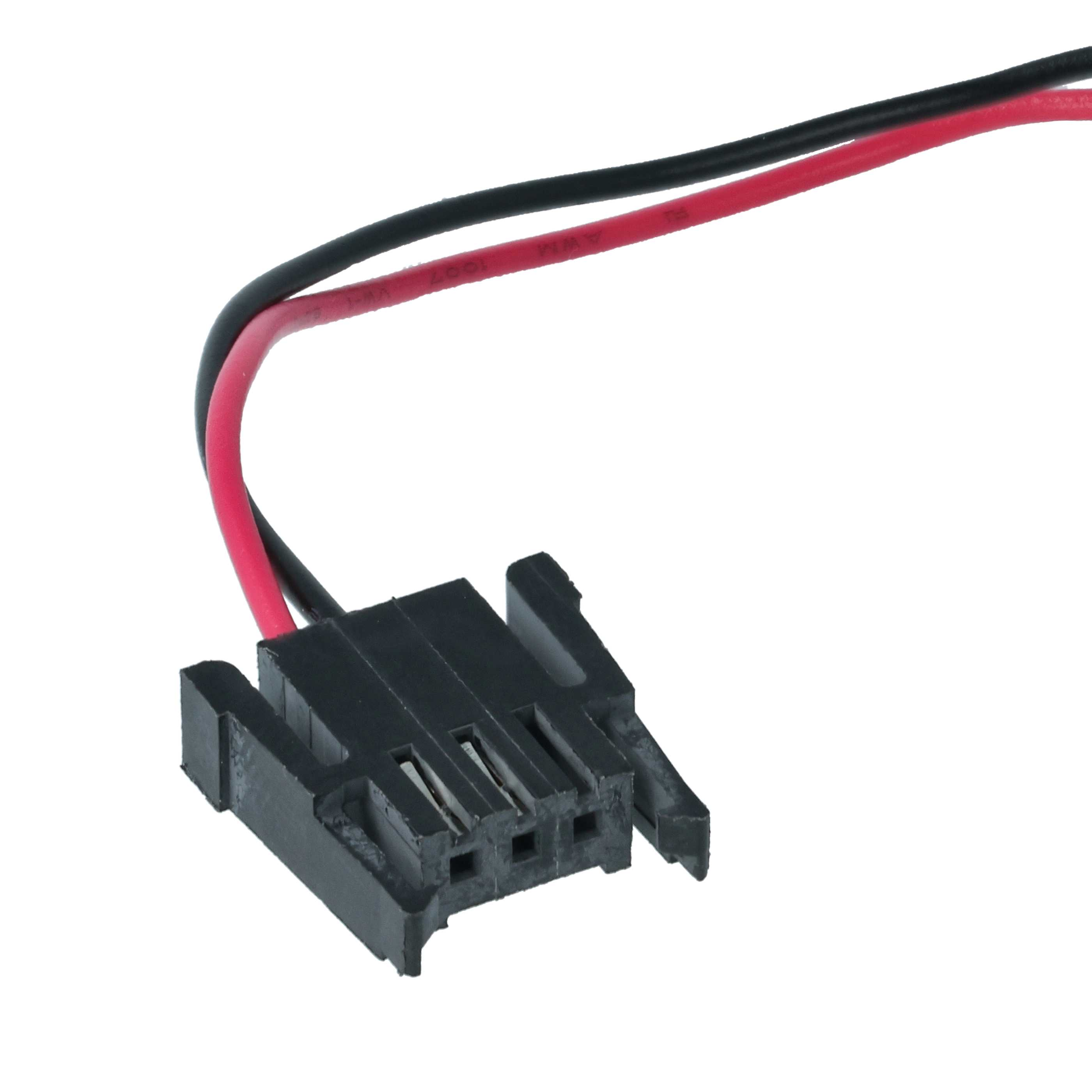 Schwarzer 2-Pin-Stecker mit roten und schwarzen Kabeln.