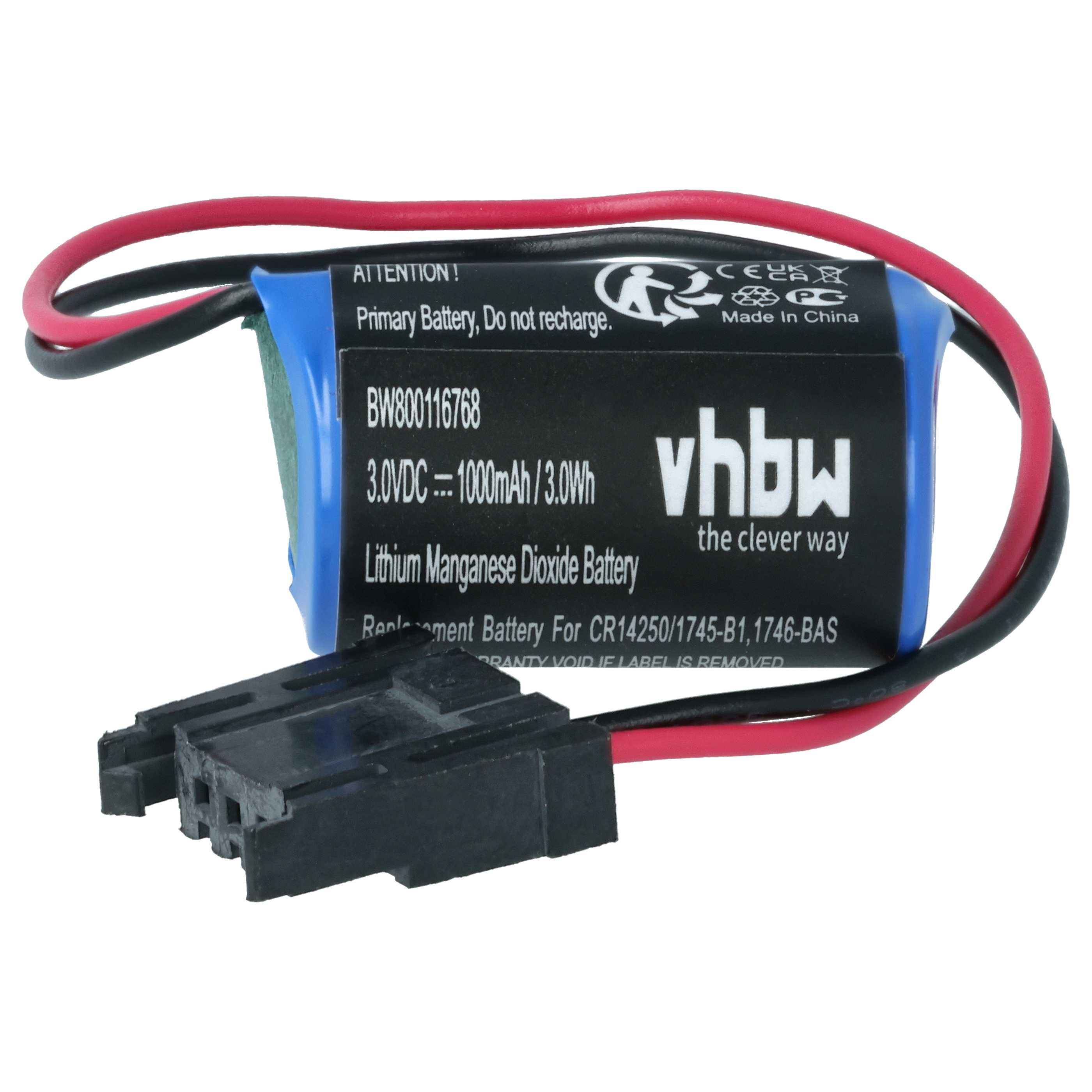 VHBW Lithium-Mangan-Dioxid-Batterie 3,0VDC mit schwarzen und roten Kabeln.