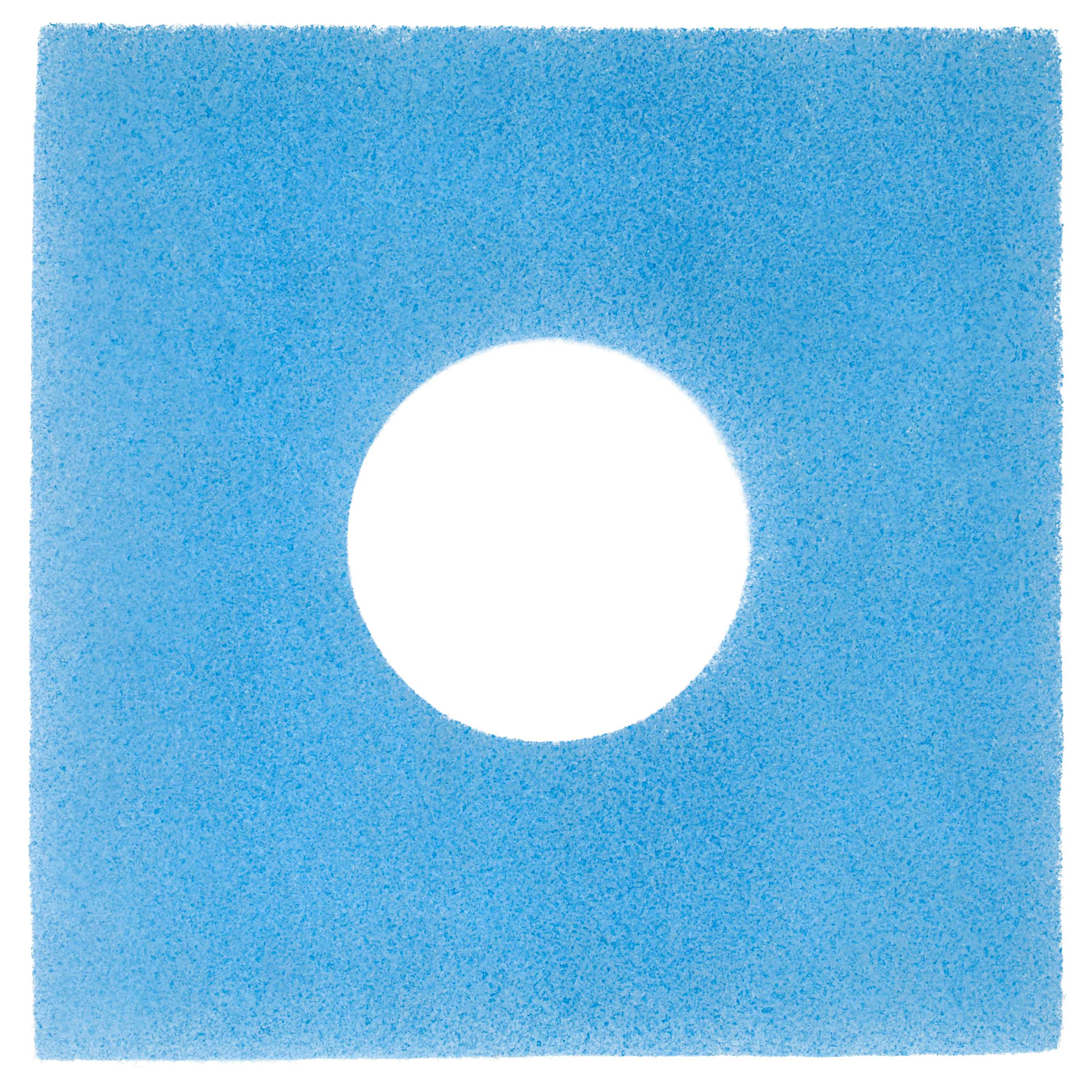 Ein hellblaues Quadrat aus Schaumstoff mit einem weißen Kreis in der Mitte.