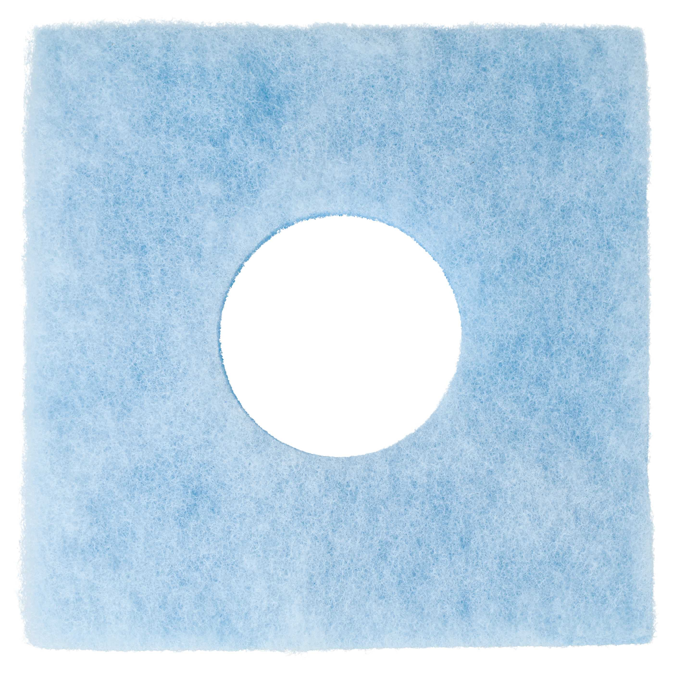 Ein hellblauer, faseriger Quadrat mit einem kreisförmigen Loch in der Mitte.