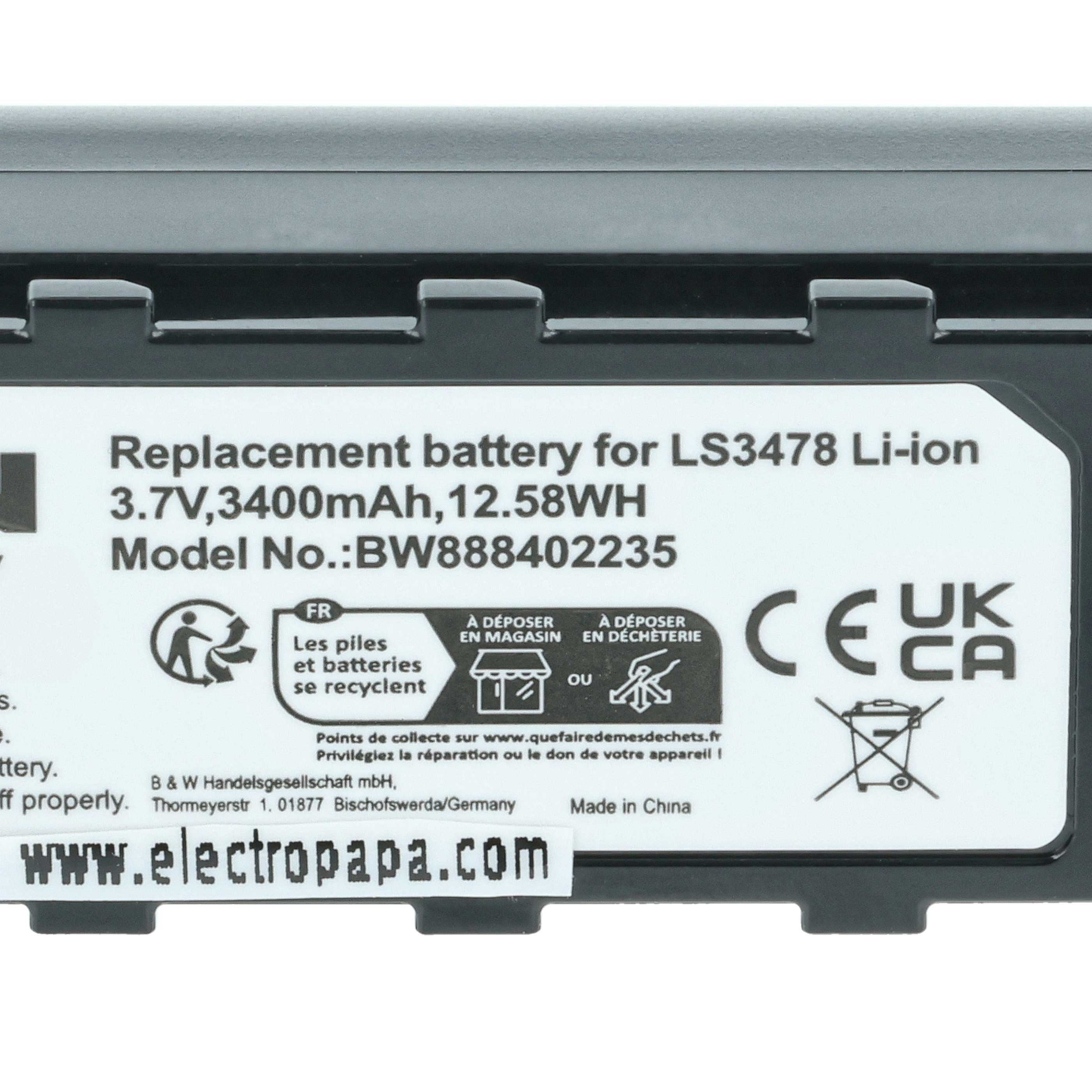 Ersatzakku für LS3478 Li-ion 3,7V 3400mAh. CE, UK CA, Made in China.