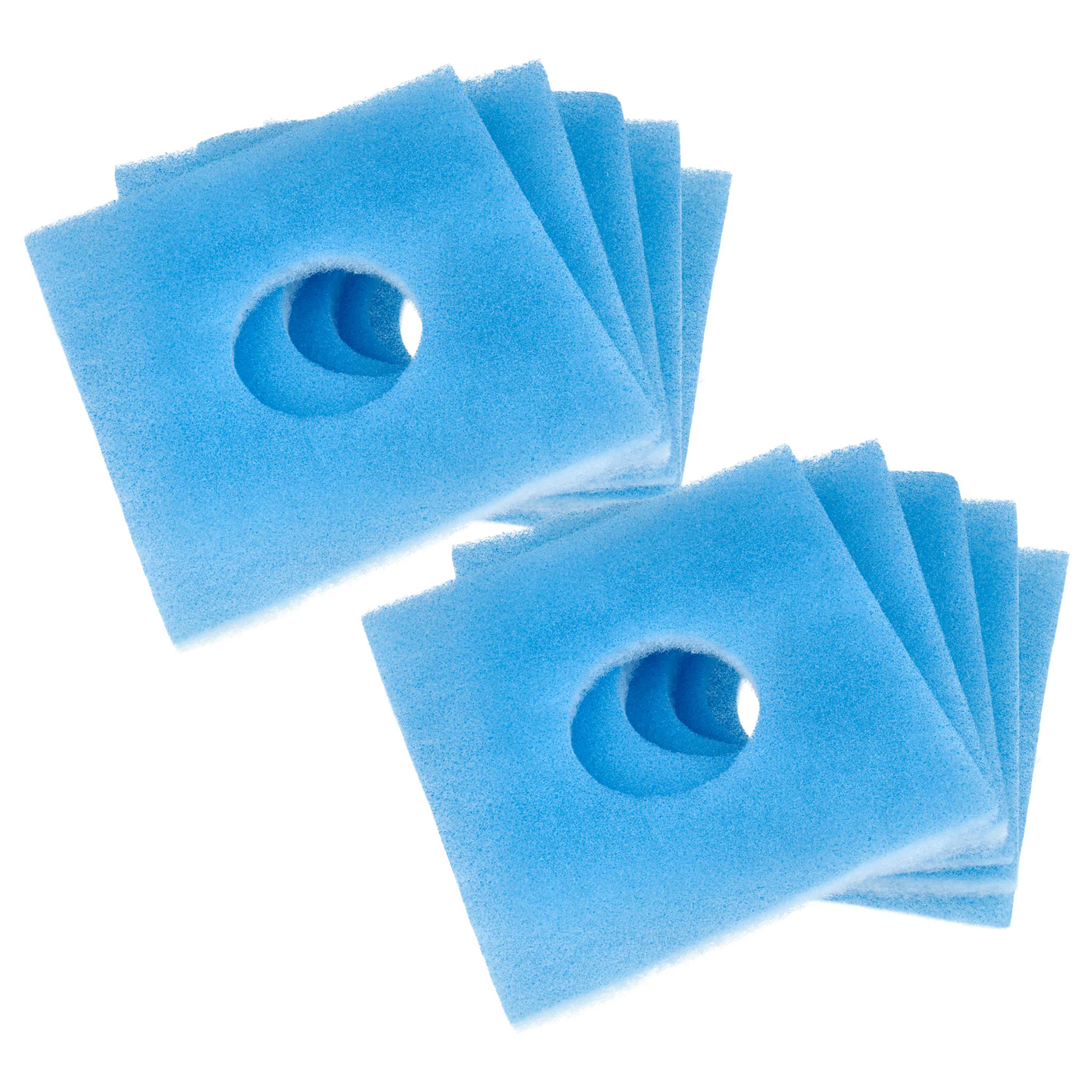 Zwei Stapel blauer Schaumstofffilter mit kreisförmigen Ausschnitten.
