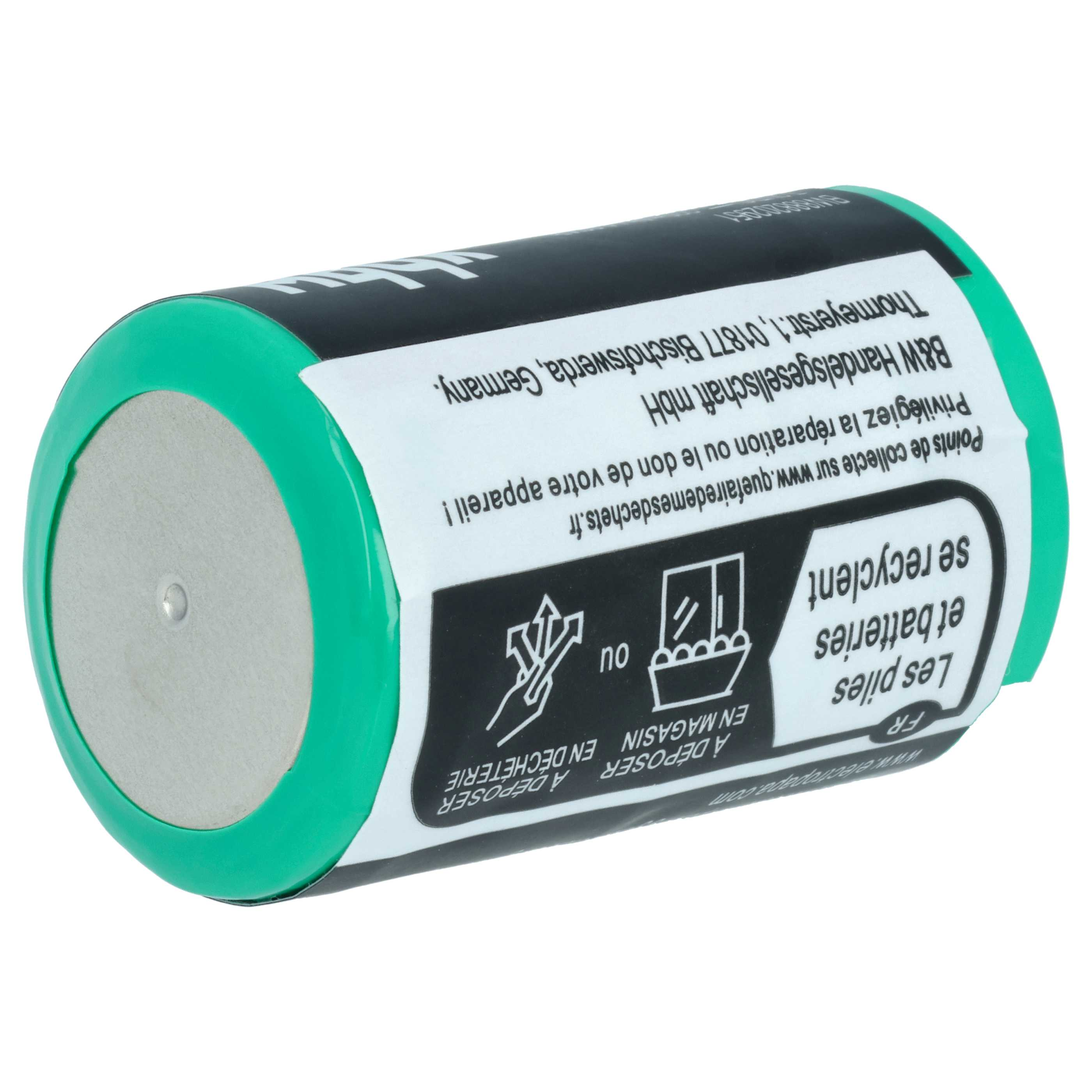 Eine grüne Batterie mit schwarzem und weißem Etikett, das Informationen zur Entsorgung enthält.