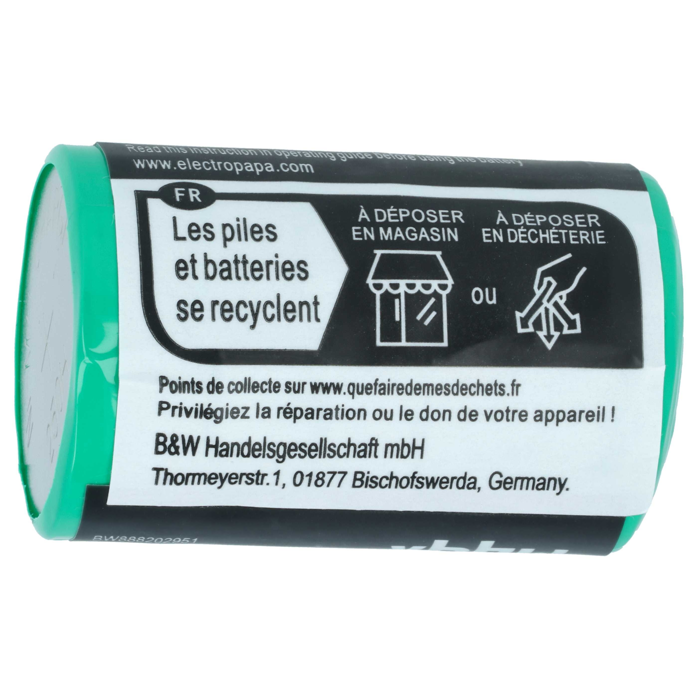 Grüne Batterie mit Recycling-Hinweisen auf Französisch und einer Website.