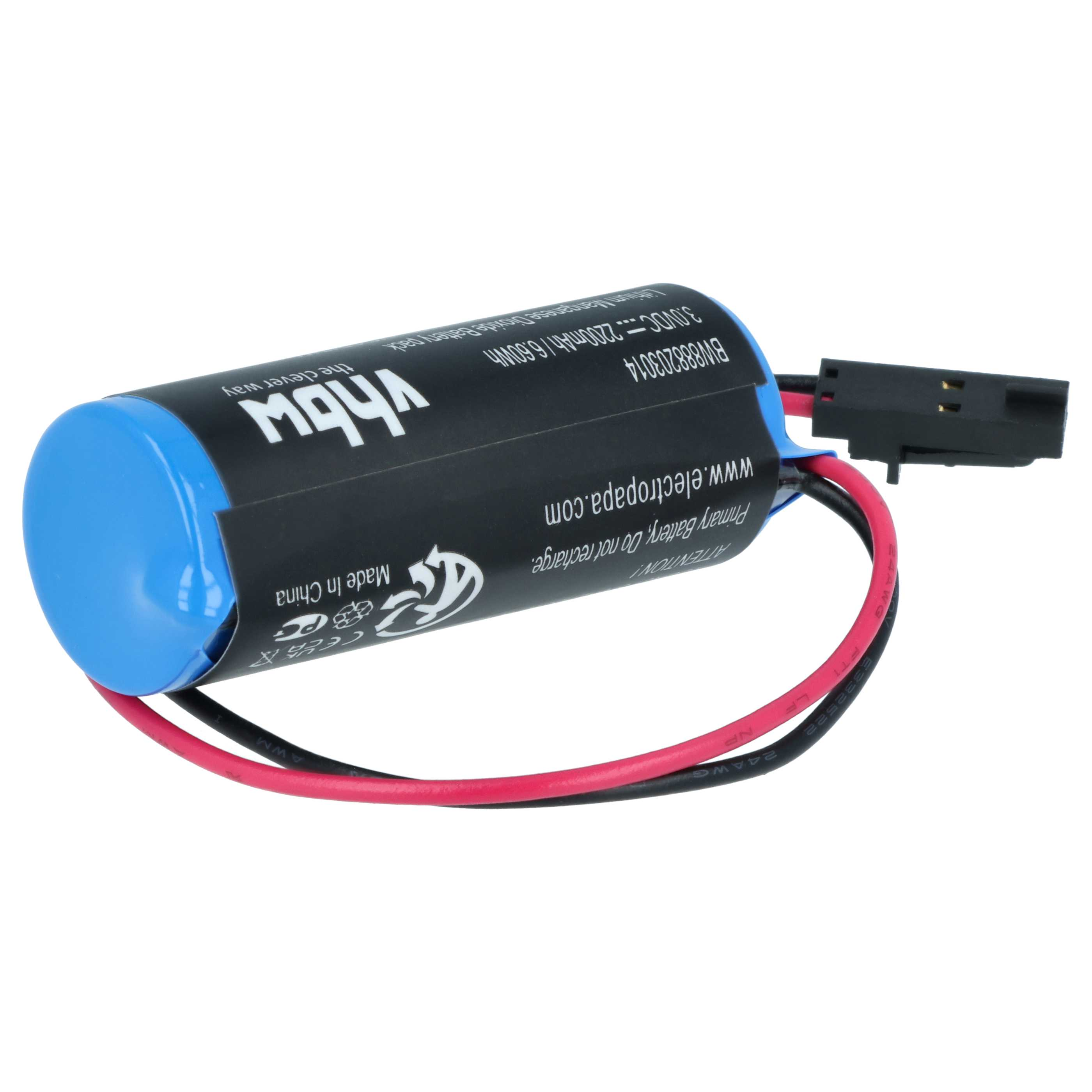 Ein blaues Lithium-Mangan-Dioxid-Akkupack mit schwarzen und roten Kabeln.