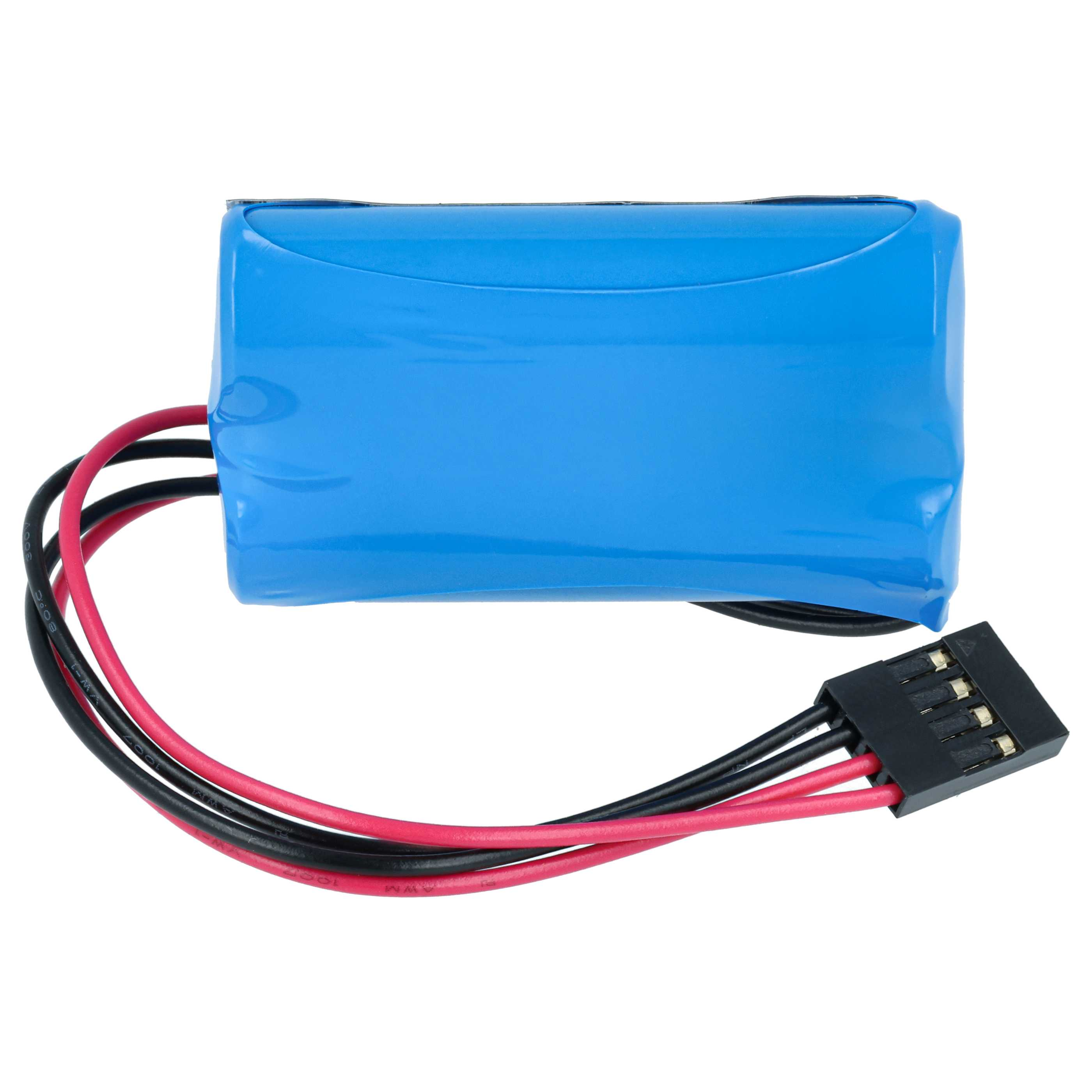 Blauer Akku mit rotem und schwarzem Kabel und einem schwarzen Stecker.