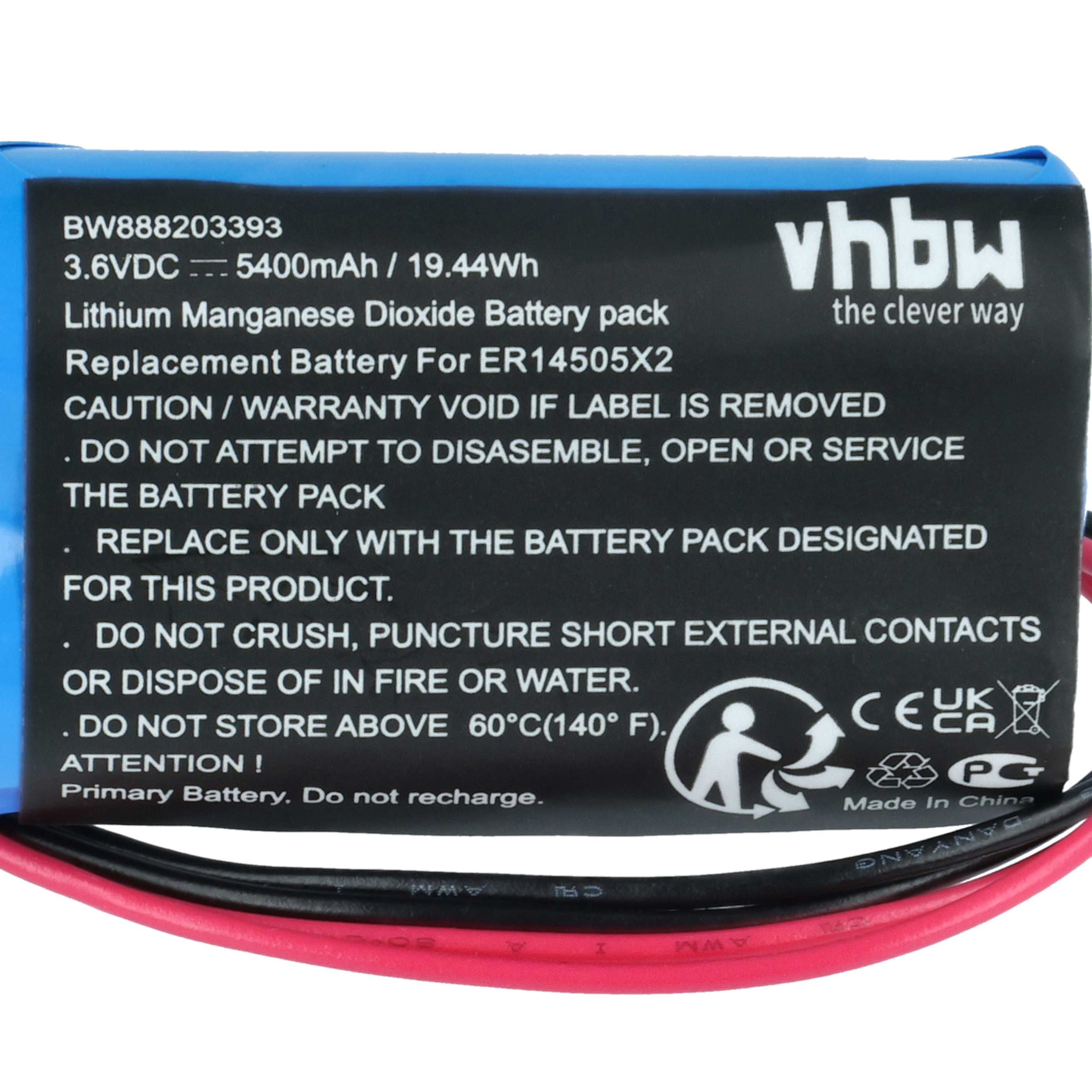 Eine blaue Lithium-Mangan-Dioxid-Batterie mit schwarzem Etikett. Kabel sind sichtbar.