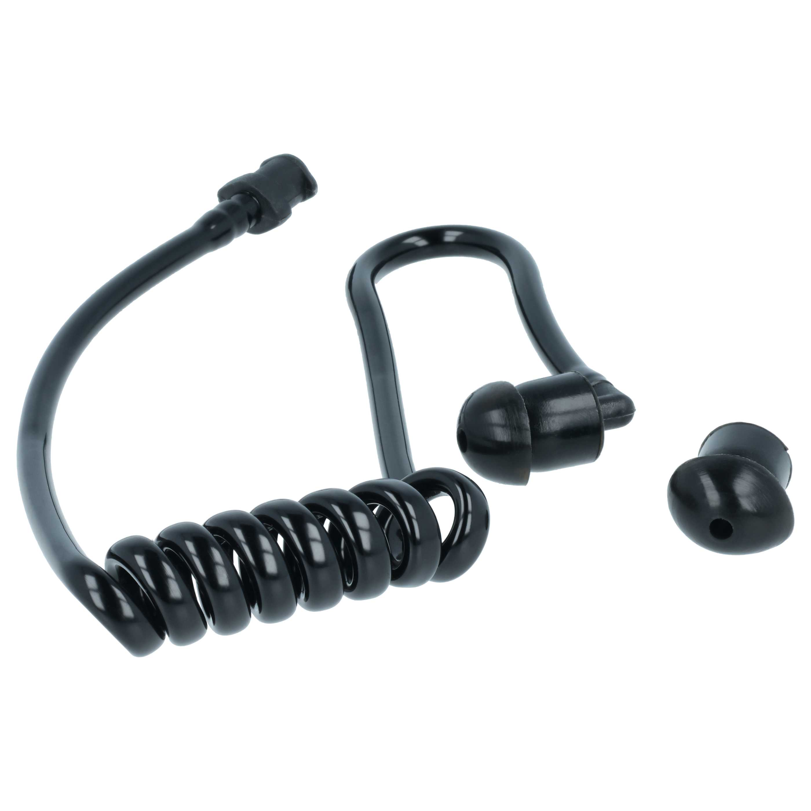 Schwarzes Kophörer-Set mit Spiralkabel und zwei Ohrstücken.