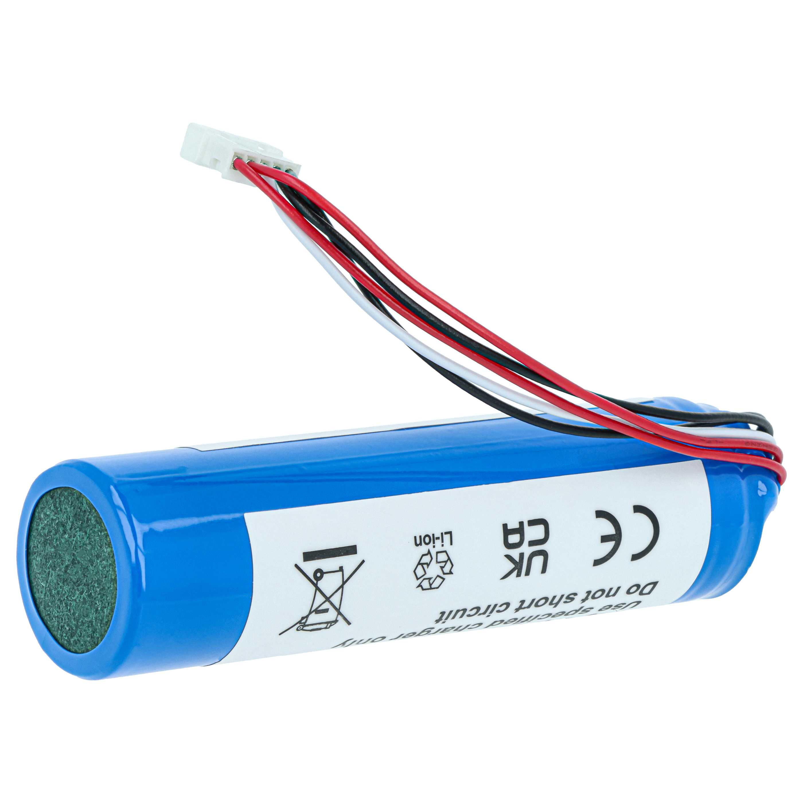 Blaue Li-Ion-Batterie mit Drähten und CE/UK/CA-Symbolen auf weißem Hintergrund.