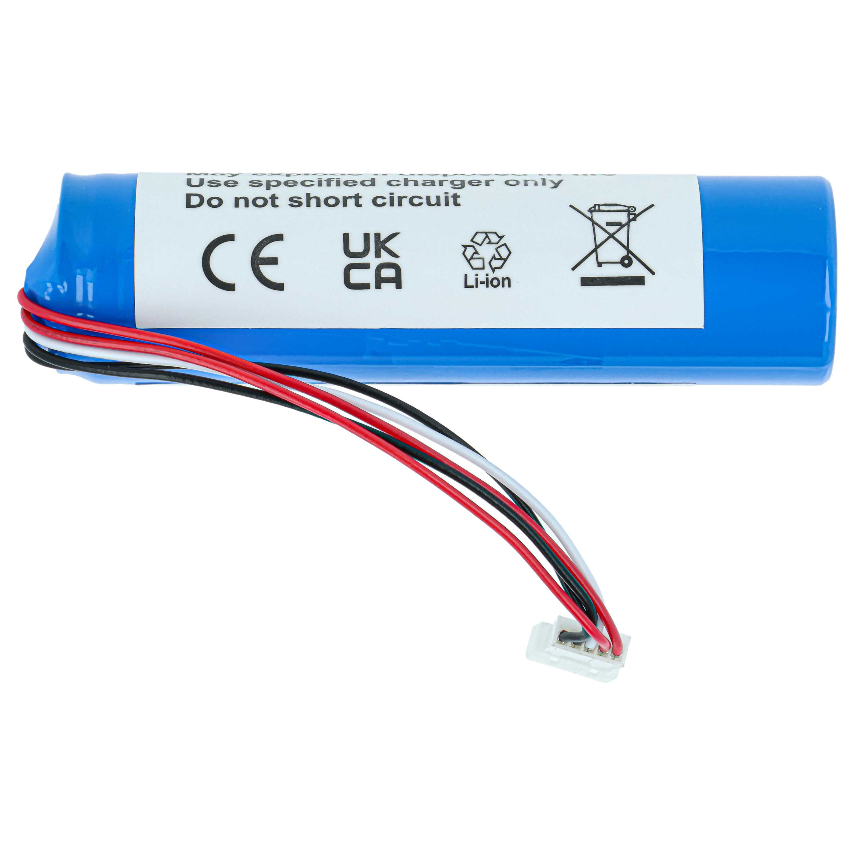 Blauer Lithium-Ionen-Akku mit roten, weißen und schwarzen Kabeln und einem Stecker.