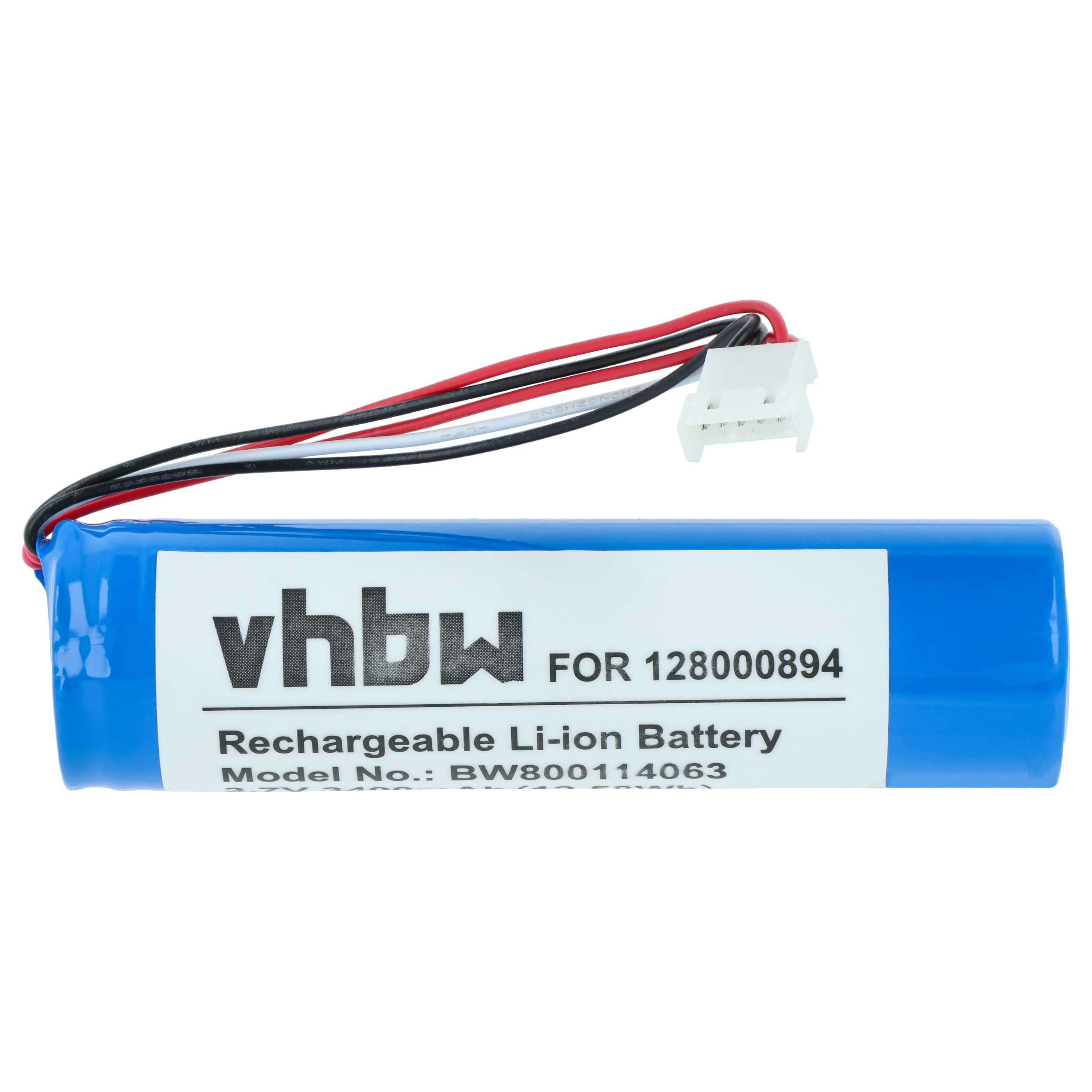 Blauer Li-Ion-Akku mit weißem Etikett, Drähten und Stecker.